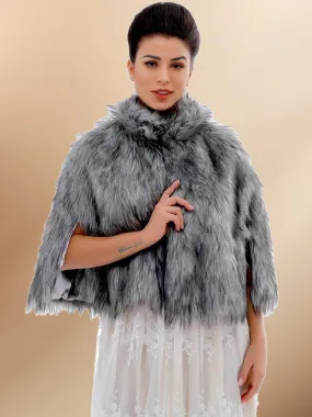 2025 Women's Grey Faux Fur Winter Cardigan Cloak Warm Shawl