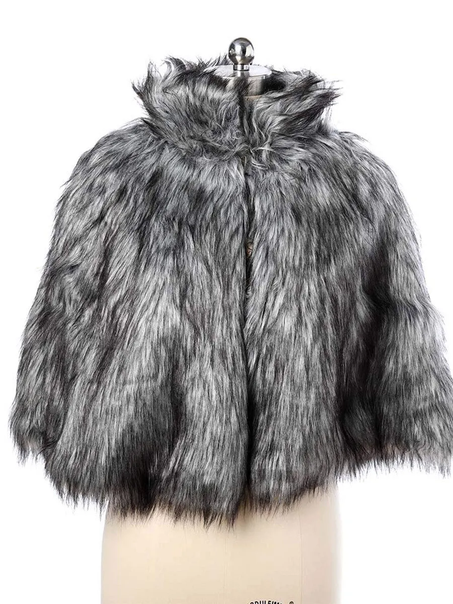 2025 Women's Grey Faux Fur Winter Cardigan Cloak Warm Shawl