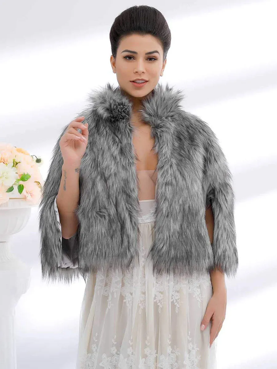 2025 Women's Grey Faux Fur Winter Cardigan Cloak Warm Shawl