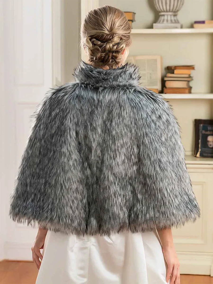 2025 Women's Grey Faux Fur Winter Cardigan Cloak Warm Shawl
