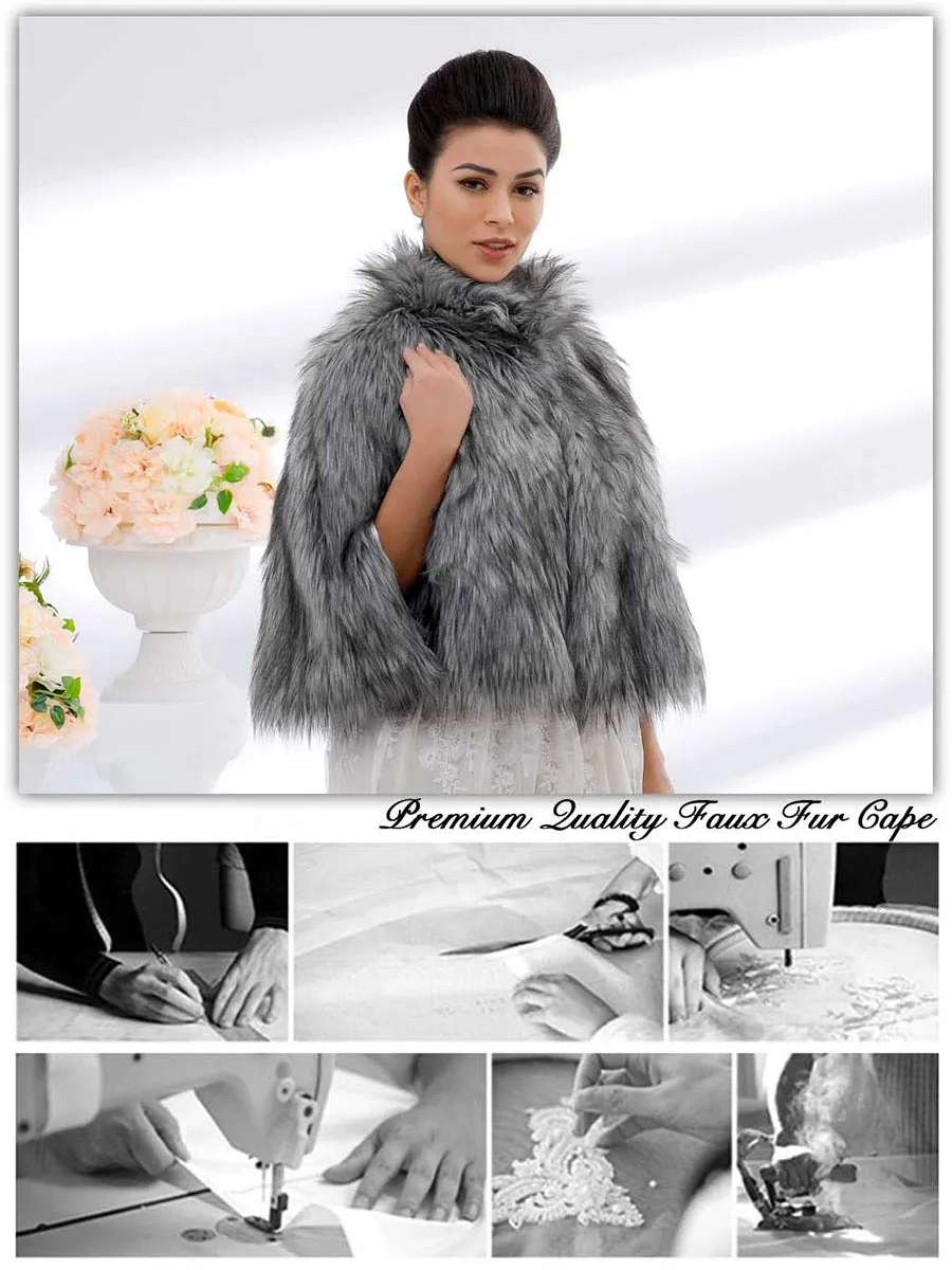 2025 Women's Grey Faux Fur Winter Cardigan Cloak Warm Shawl