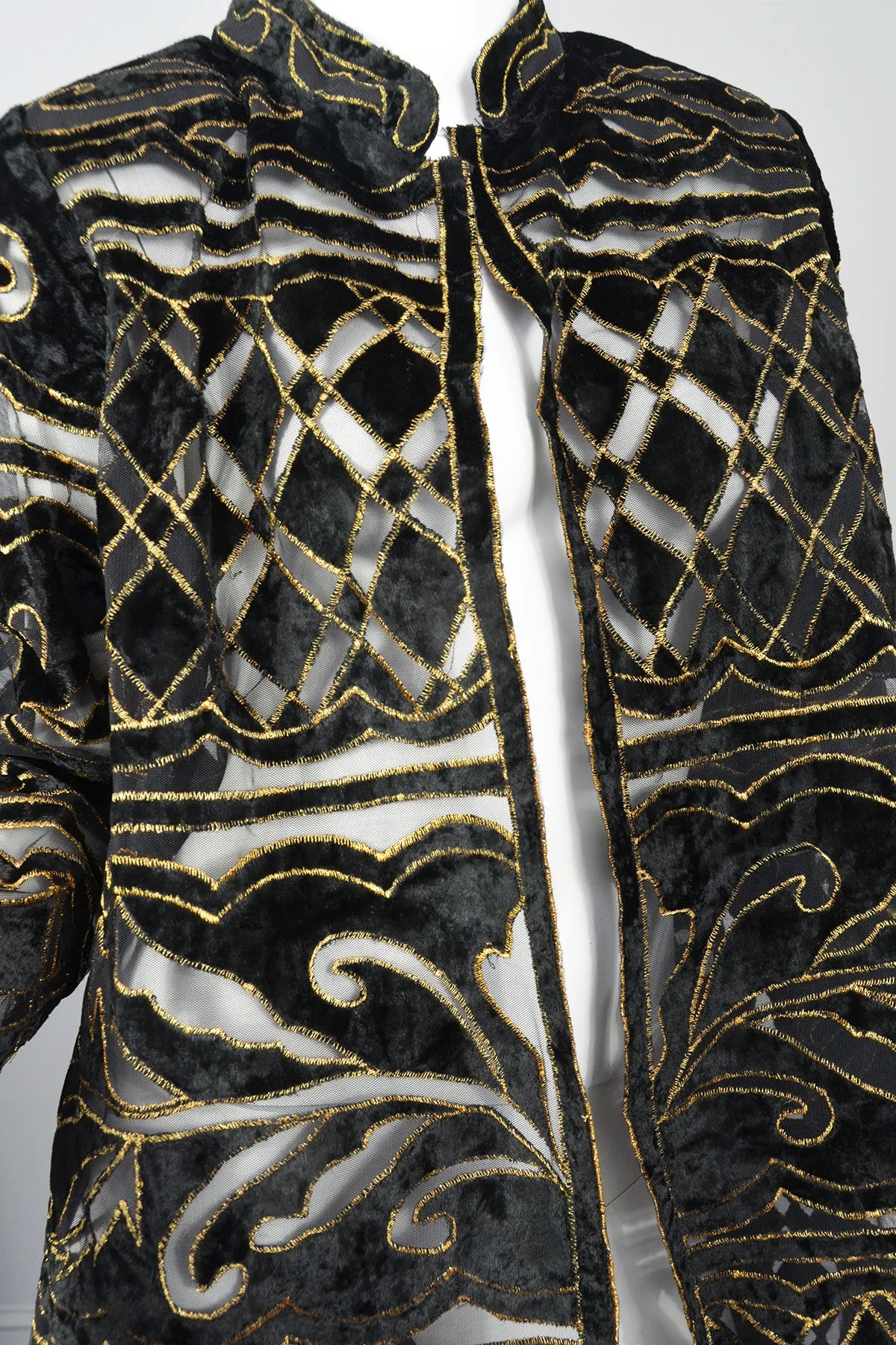 70s Deco Cut Velvet Gold Lame Evening Jacket Duster Swing Coat