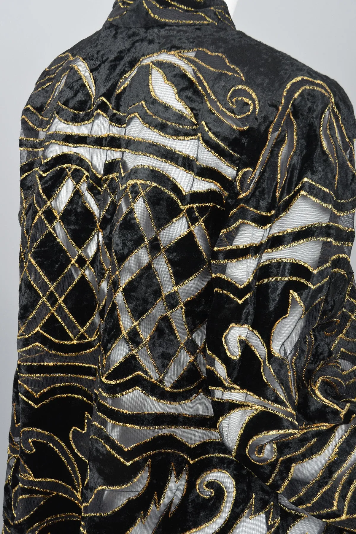 70s Deco Cut Velvet Gold Lame Evening Jacket Duster Swing Coat