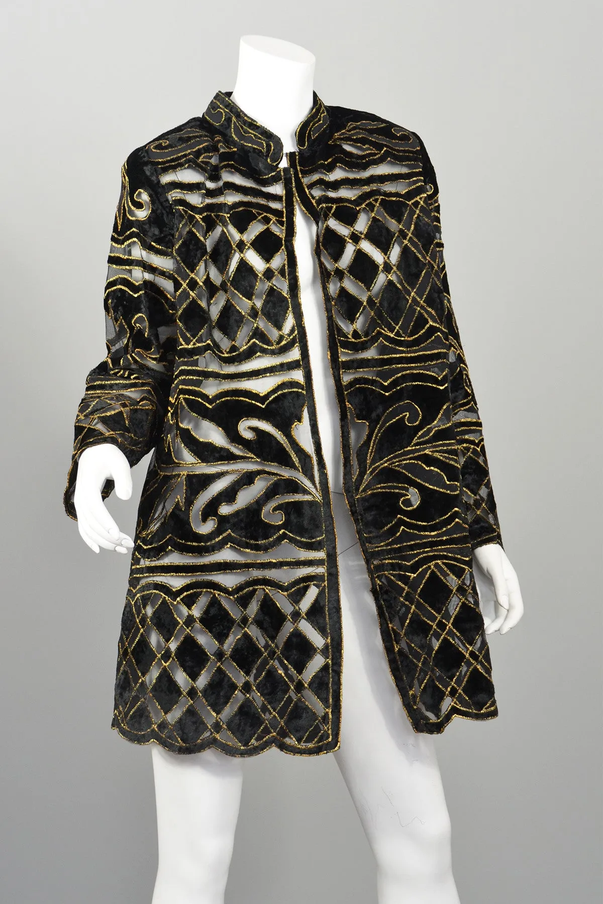 70s Deco Cut Velvet Gold Lame Evening Jacket Duster Swing Coat