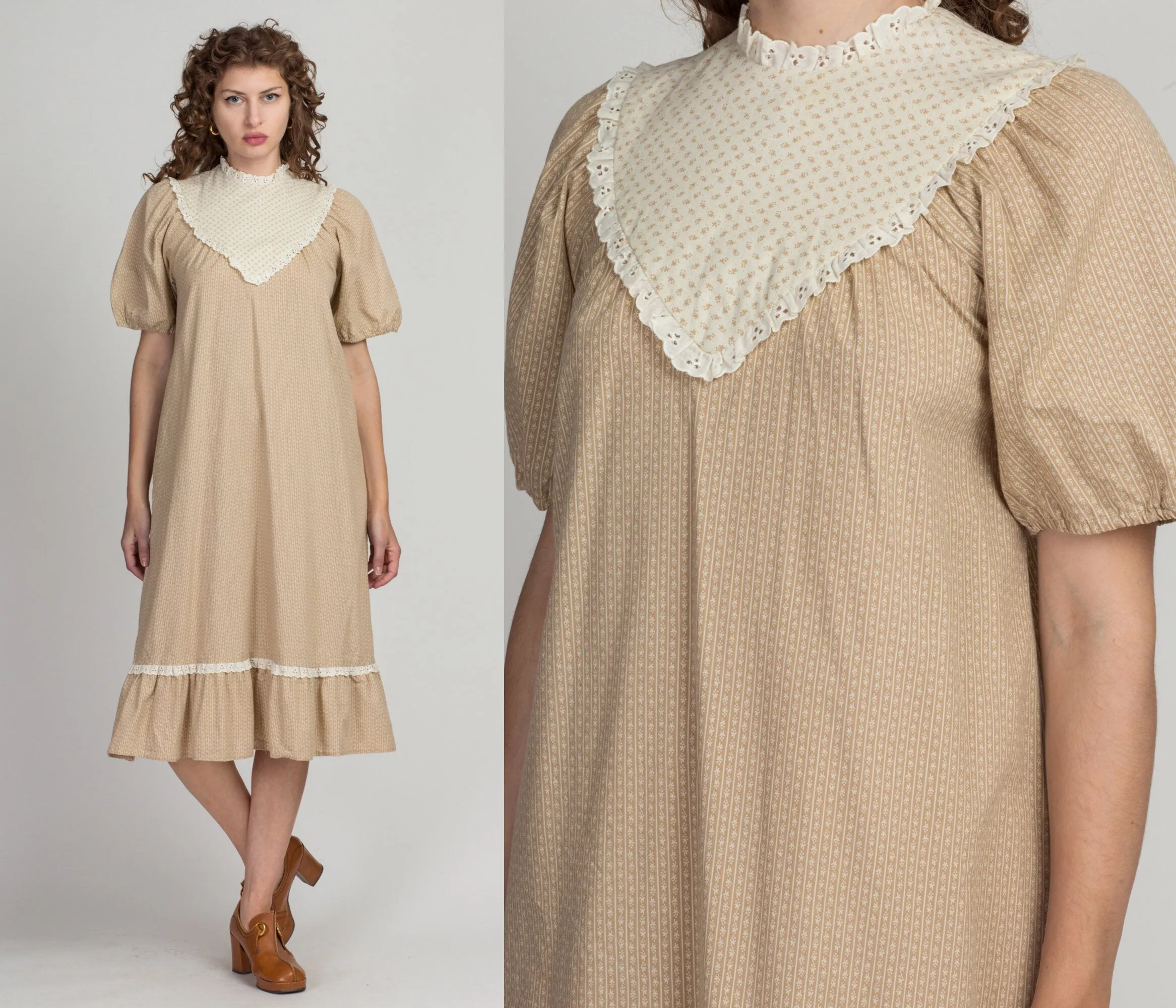 70s Hawaiian Calico Floral Puff Sleeve Dress - Petite Small