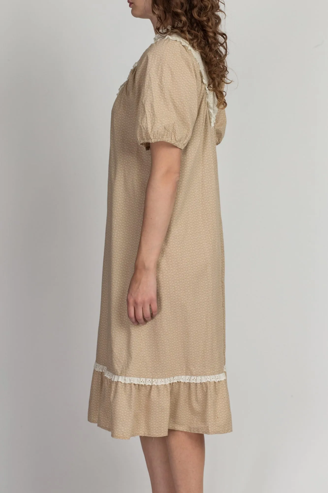 70s Hawaiian Calico Floral Puff Sleeve Dress - Petite Small