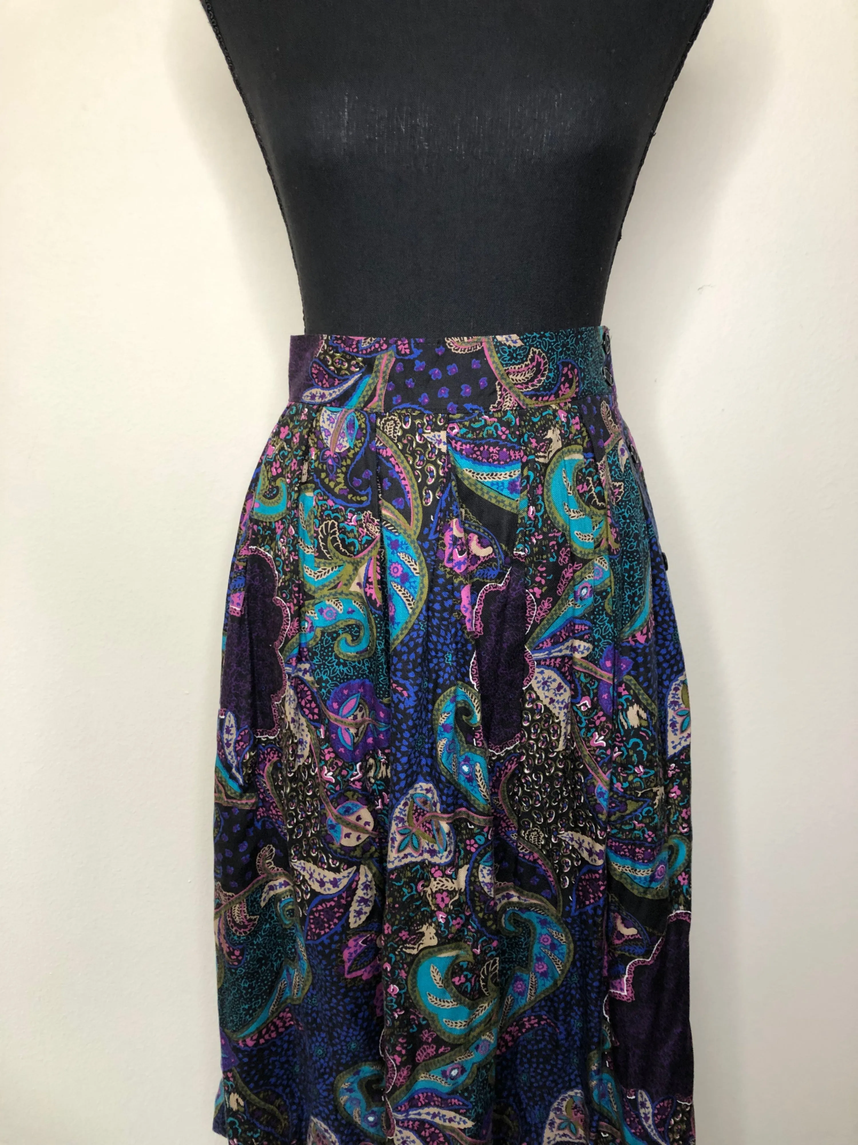 '80s Boho Paisley Print Midi Skirt by Lee David Collection