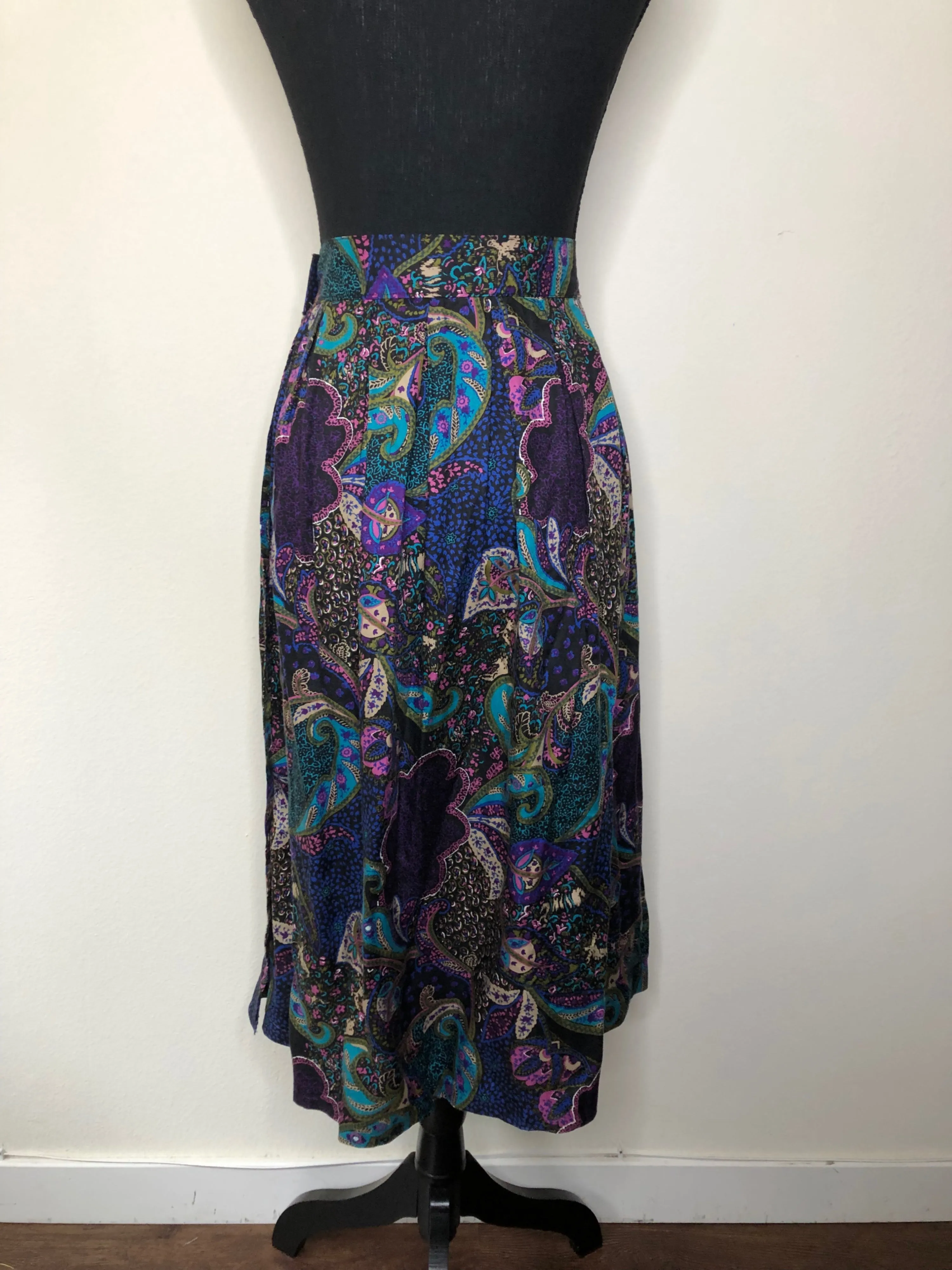 '80s Boho Paisley Print Midi Skirt by Lee David Collection