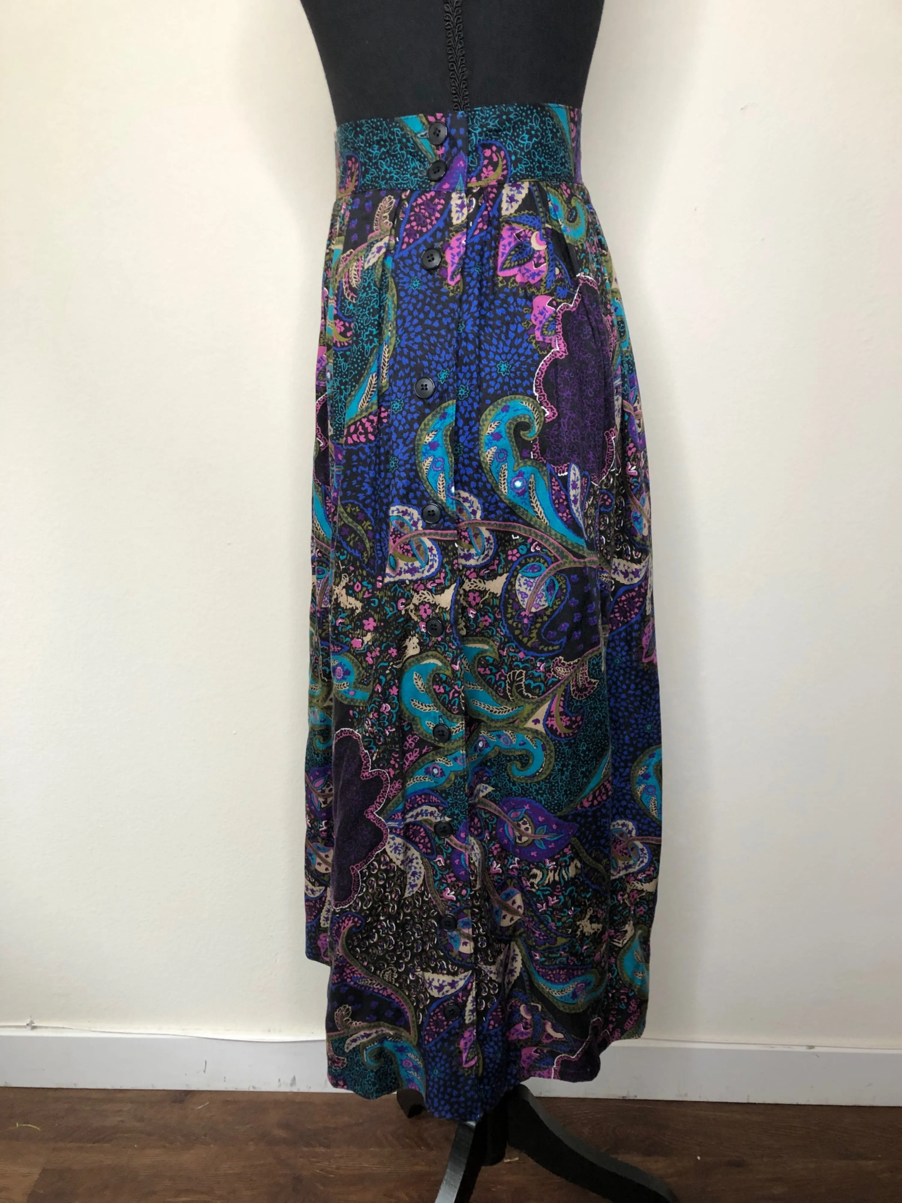 '80s Boho Paisley Print Midi Skirt by Lee David Collection
