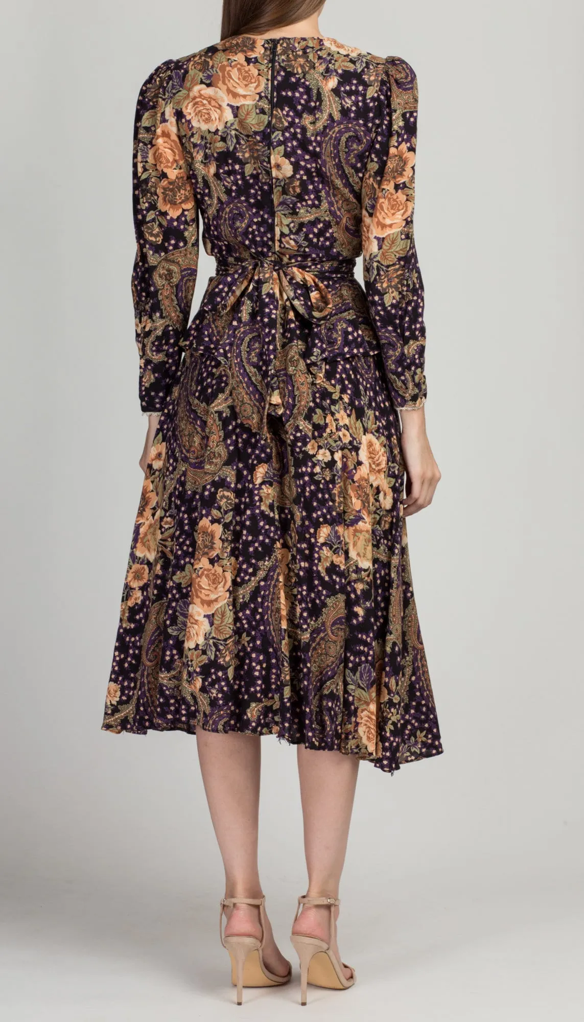 80s Lace Collar Floral Midi Dress - Small