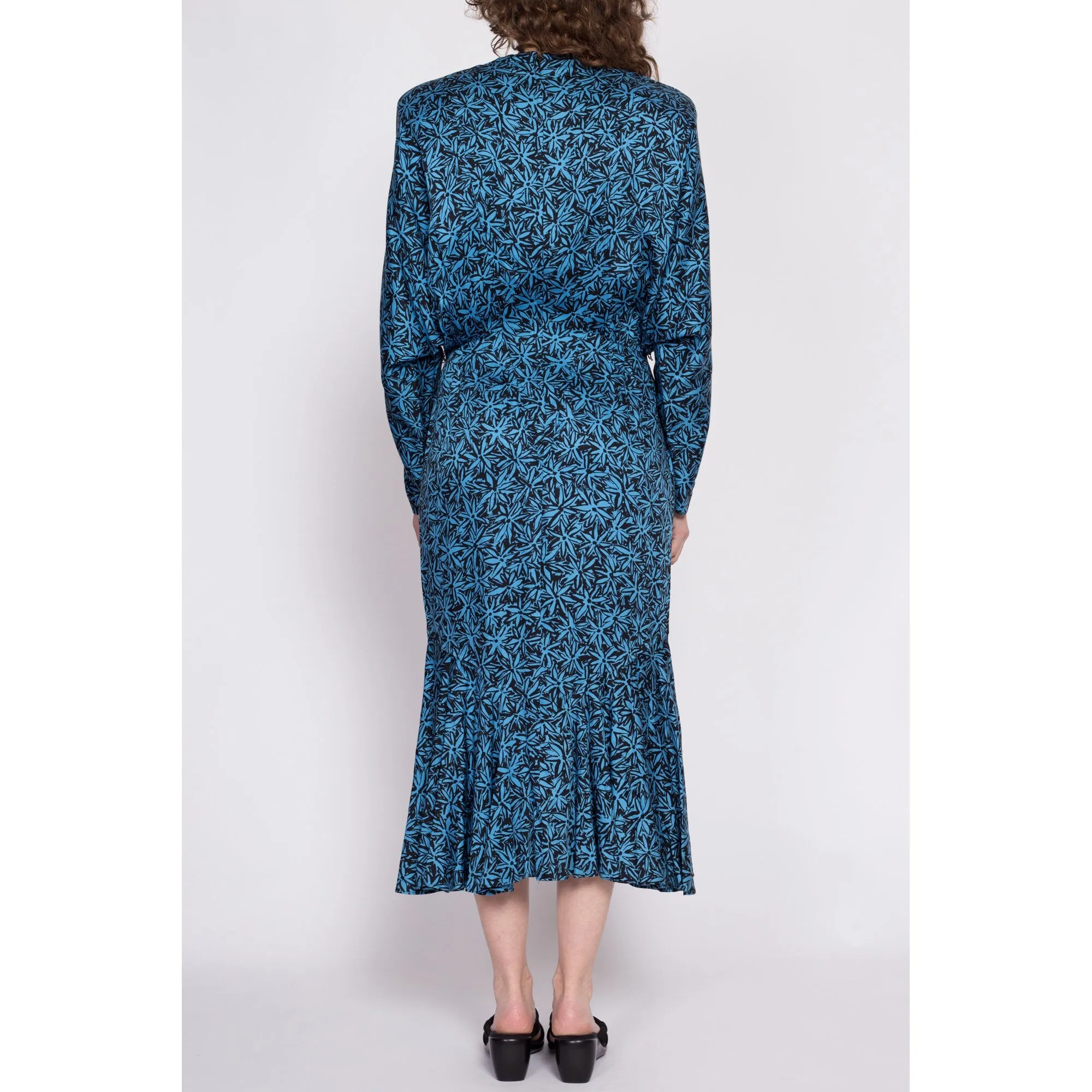 80s Nicole Miller Blue Floral Batwing Sleeve Dress - Medium