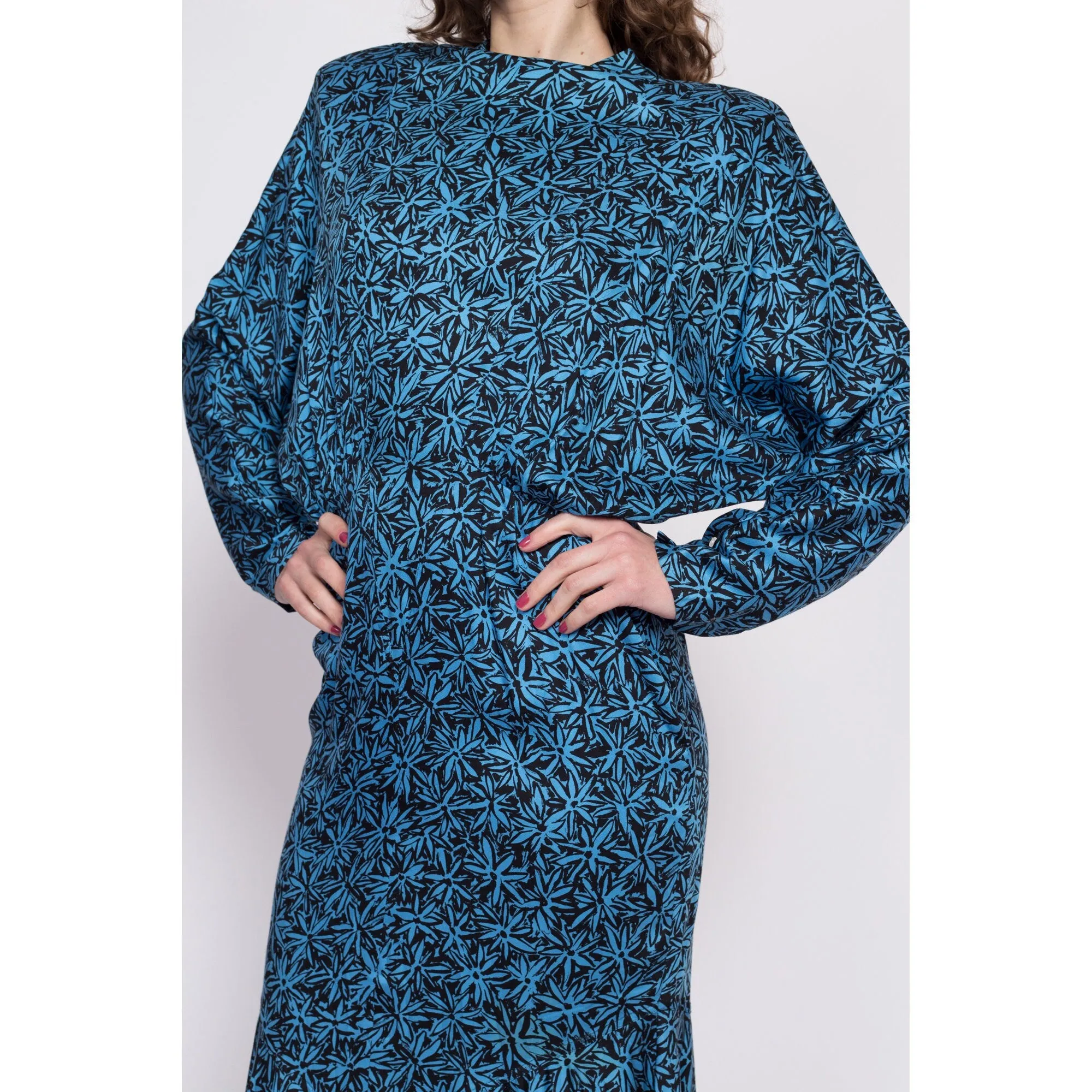 80s Nicole Miller Blue Floral Batwing Sleeve Dress - Medium