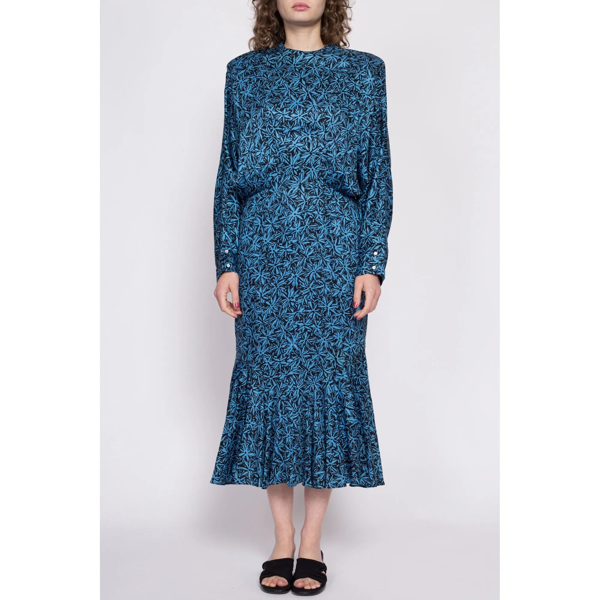 80s Nicole Miller Blue Floral Batwing Sleeve Dress - Medium