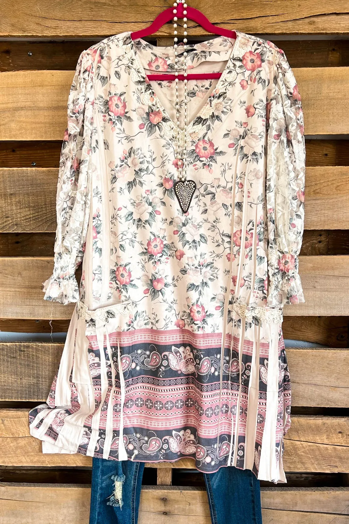 AHB EXCLUSIVE: Candle On The Water Suede Tunic - Beige/Floral