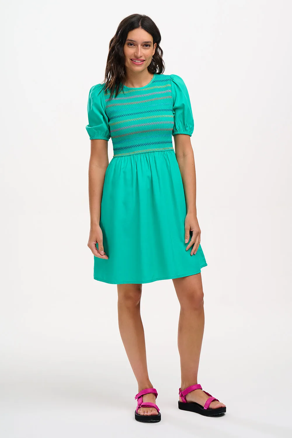 Antoinette Shirred Mini Dress - Green, Rainbow Shirring
