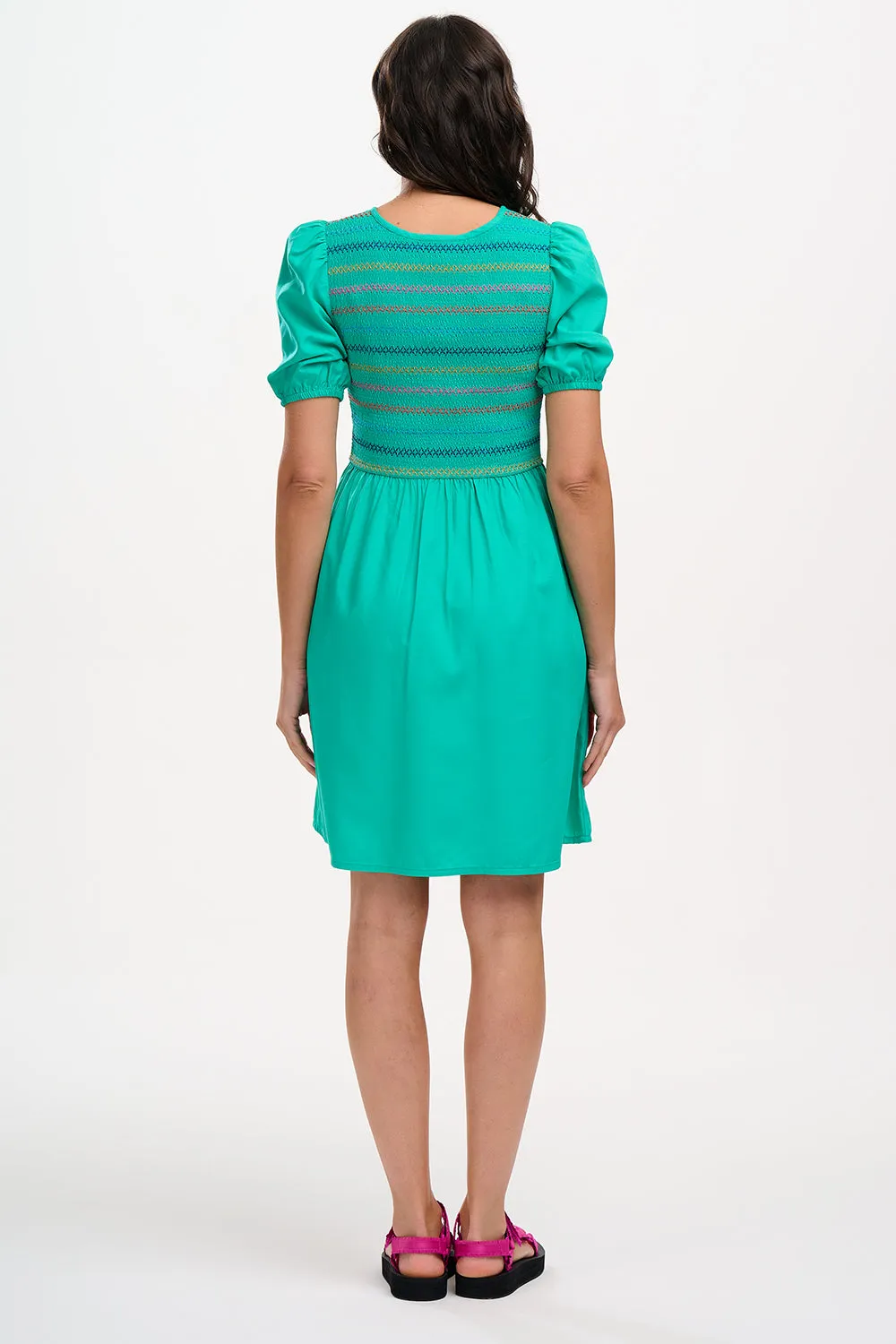Antoinette Shirred Mini Dress - Green, Rainbow Shirring