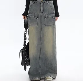Aria Black Vintage Split Denim Midi Long Jeans Skirt