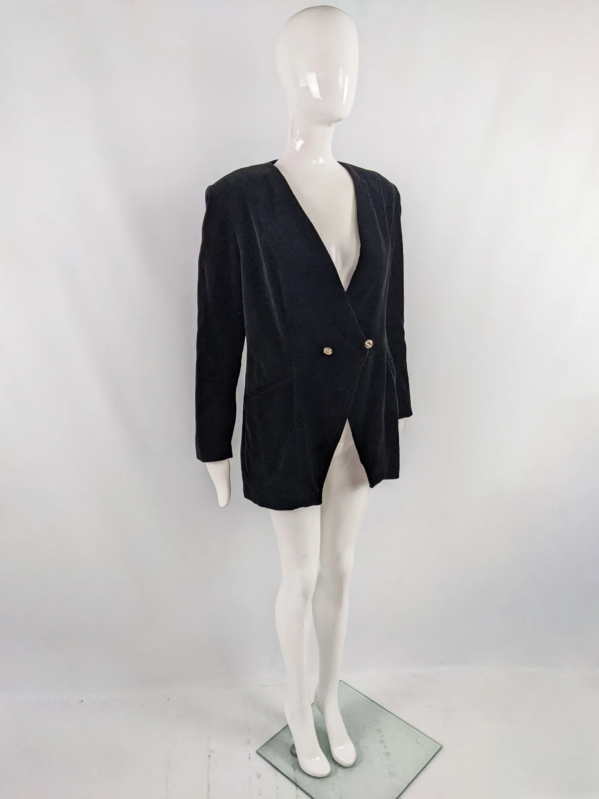 Atos Lombardini Vintage Black Velvet Shoulder Pads Jacket, 1980s