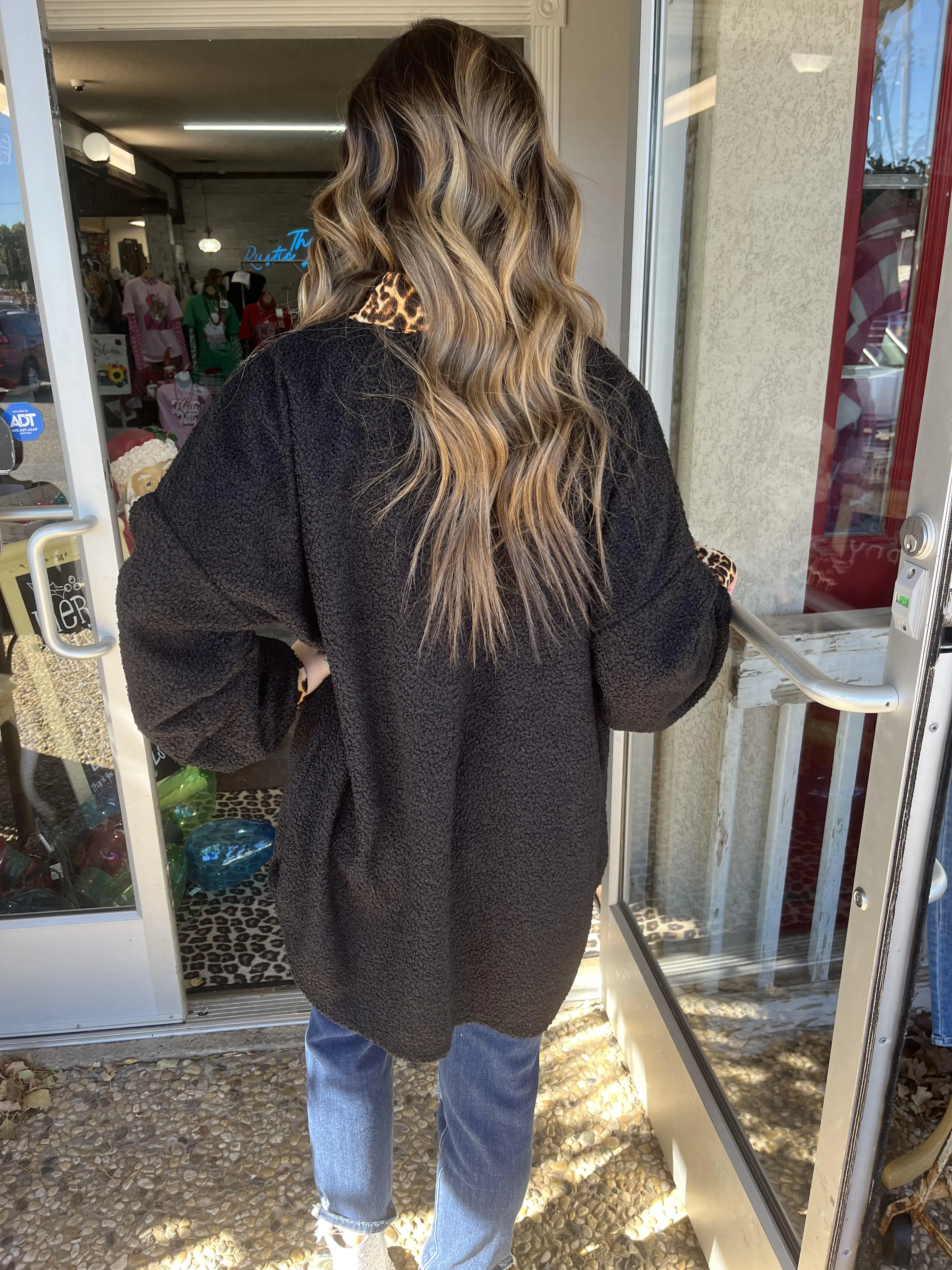 Black Textured Shacket with Leopard