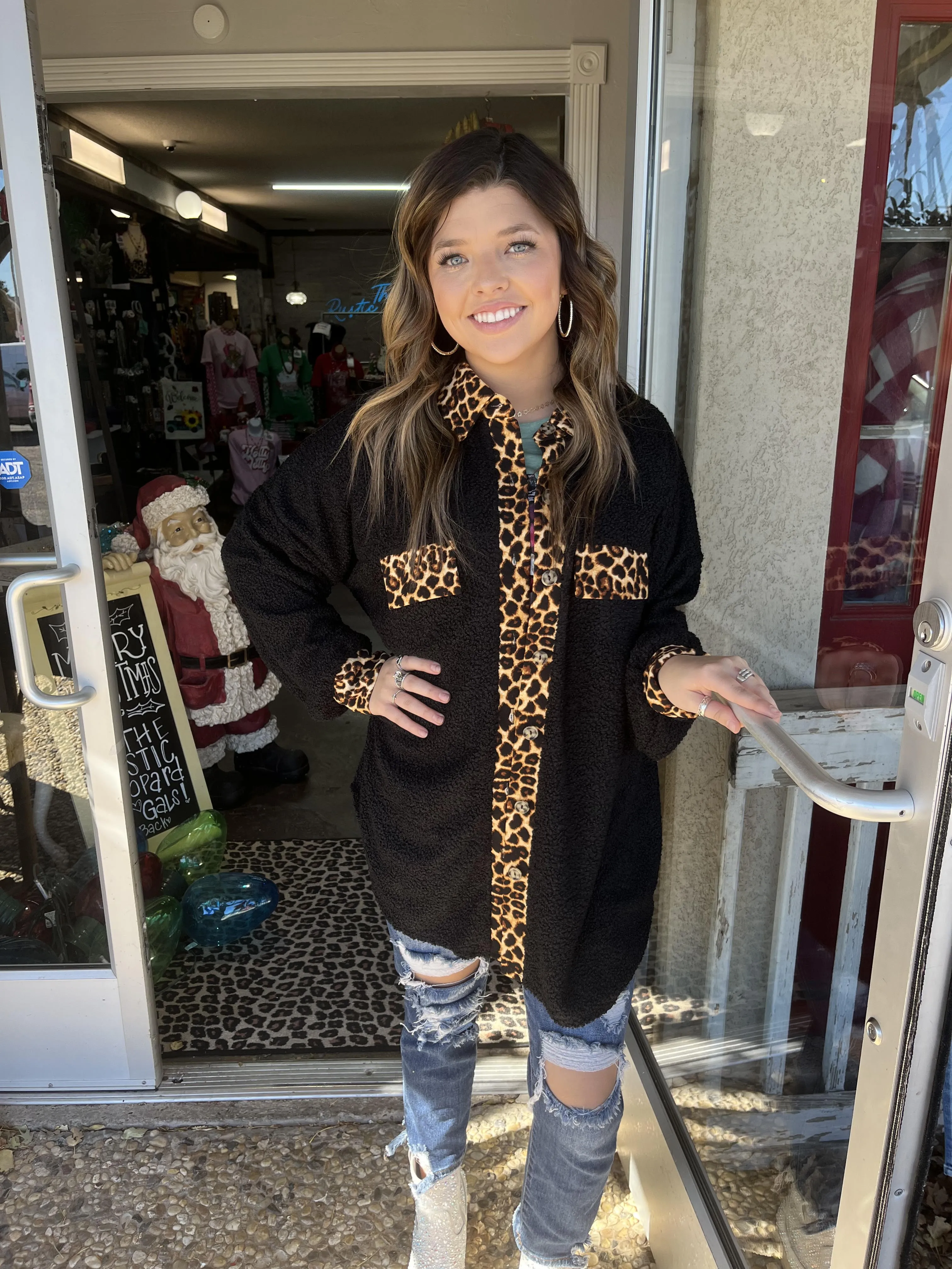 Black Textured Shacket with Leopard