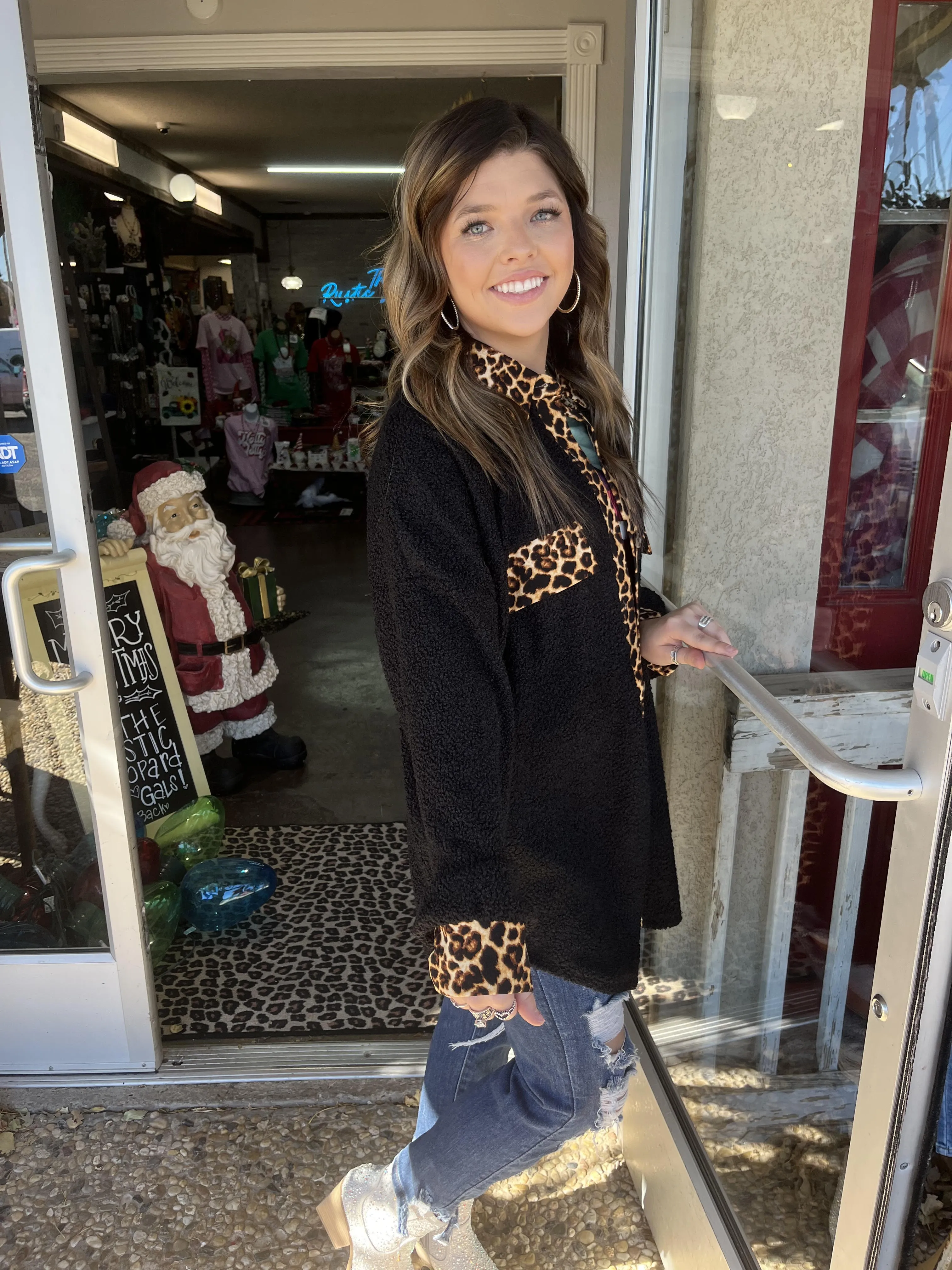 Black Textured Shacket with Leopard
