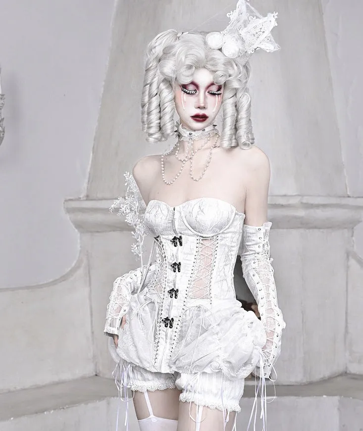 Blood Supply The White Doll Goth Princess Silver Cross Fishbone Birdcage Corset Four Piece Set