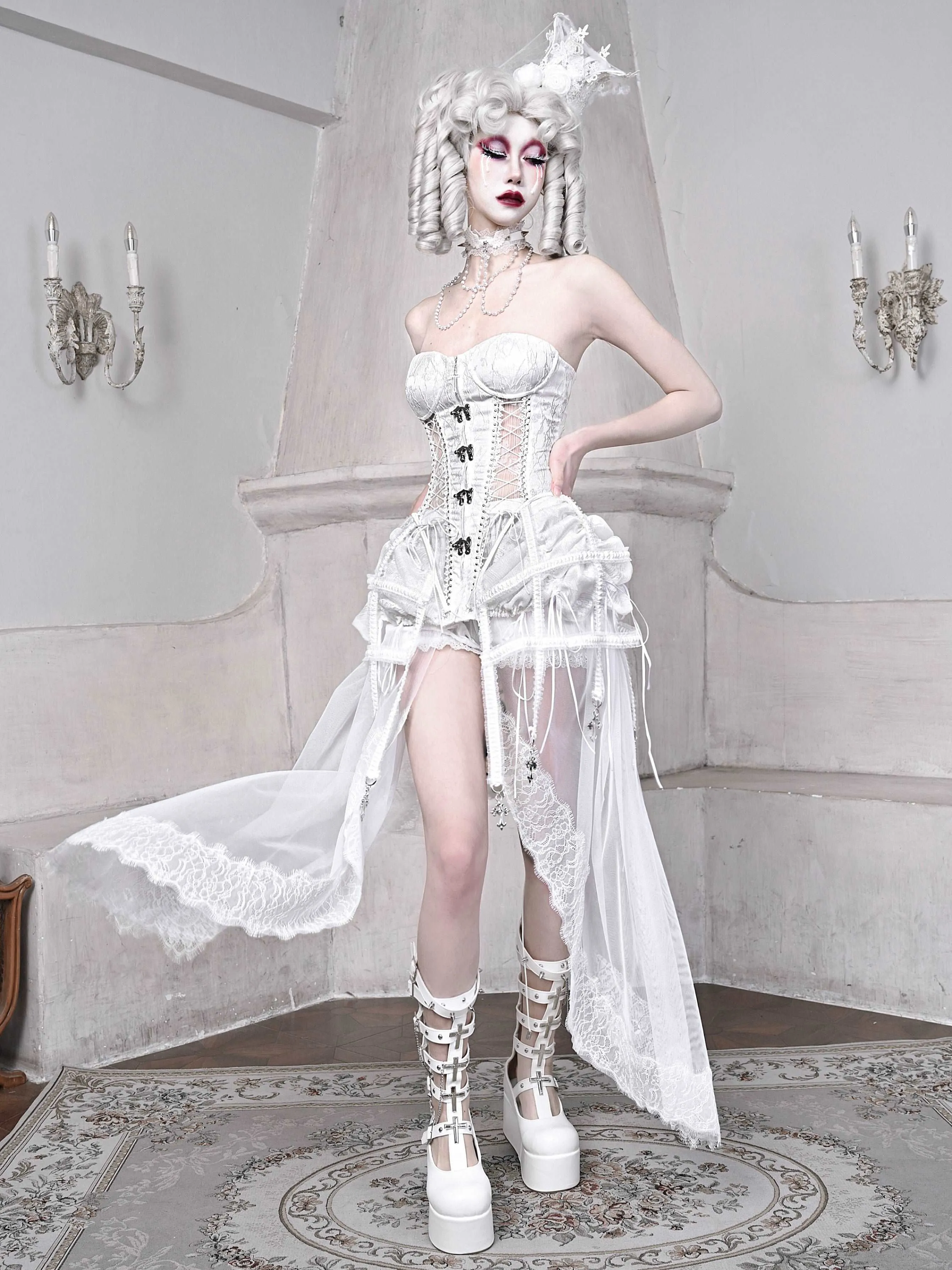 Blood Supply The White Doll Goth Princess Silver Cross Fishbone Birdcage Corset Four Piece Set