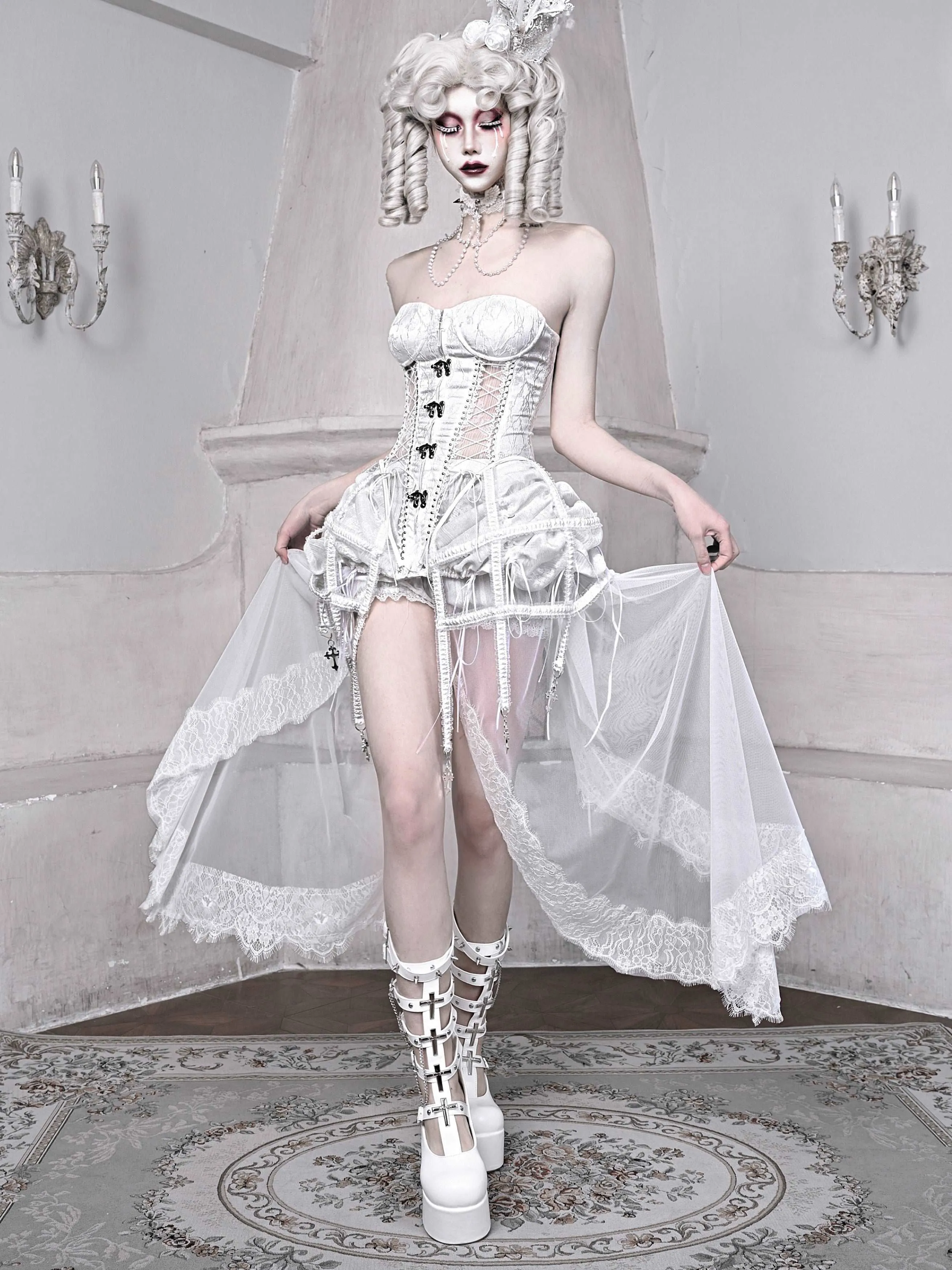 Blood Supply The White Doll Goth Princess Silver Cross Fishbone Birdcage Corset Four Piece Set