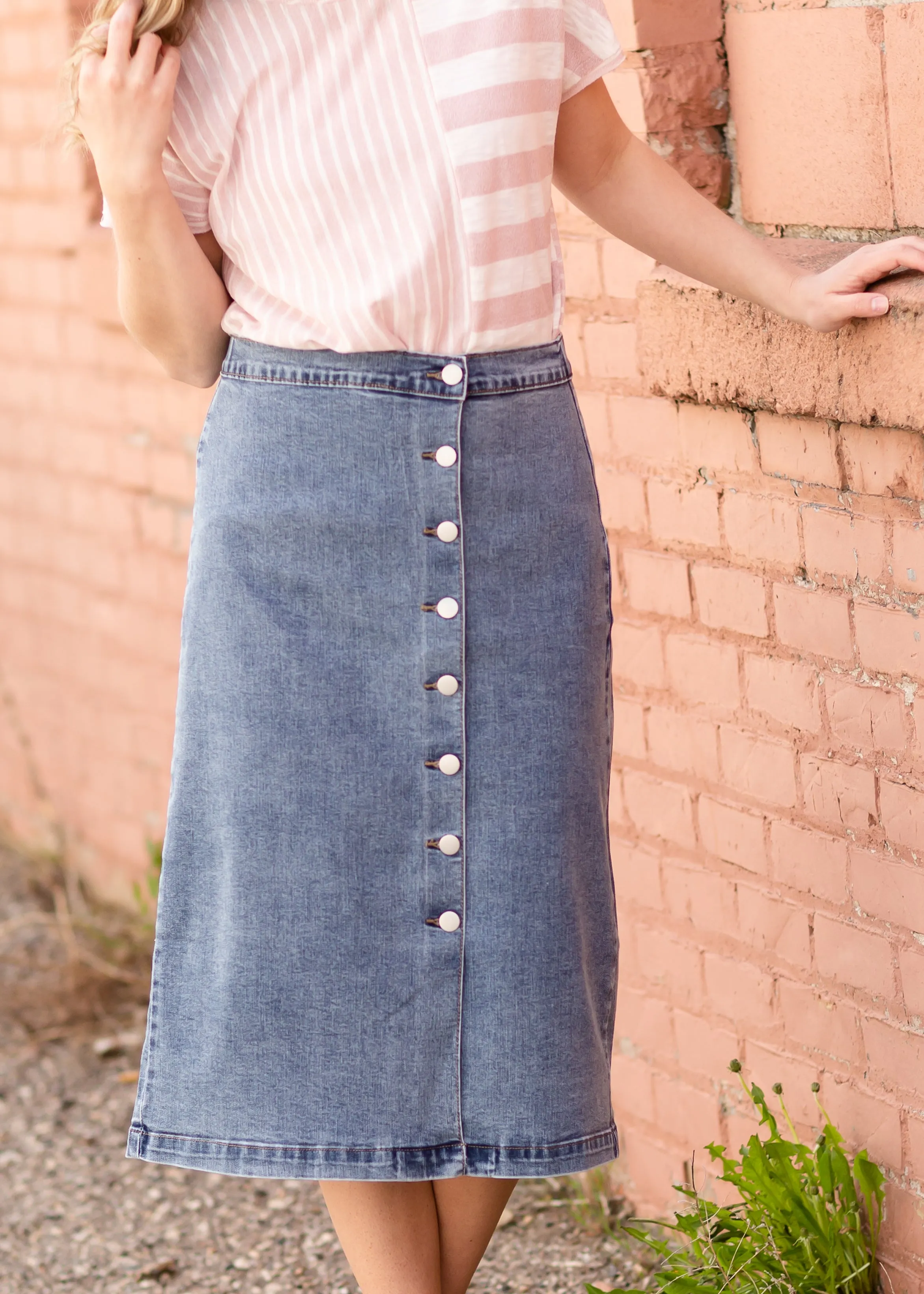 Button Front Denim Midi Skirt