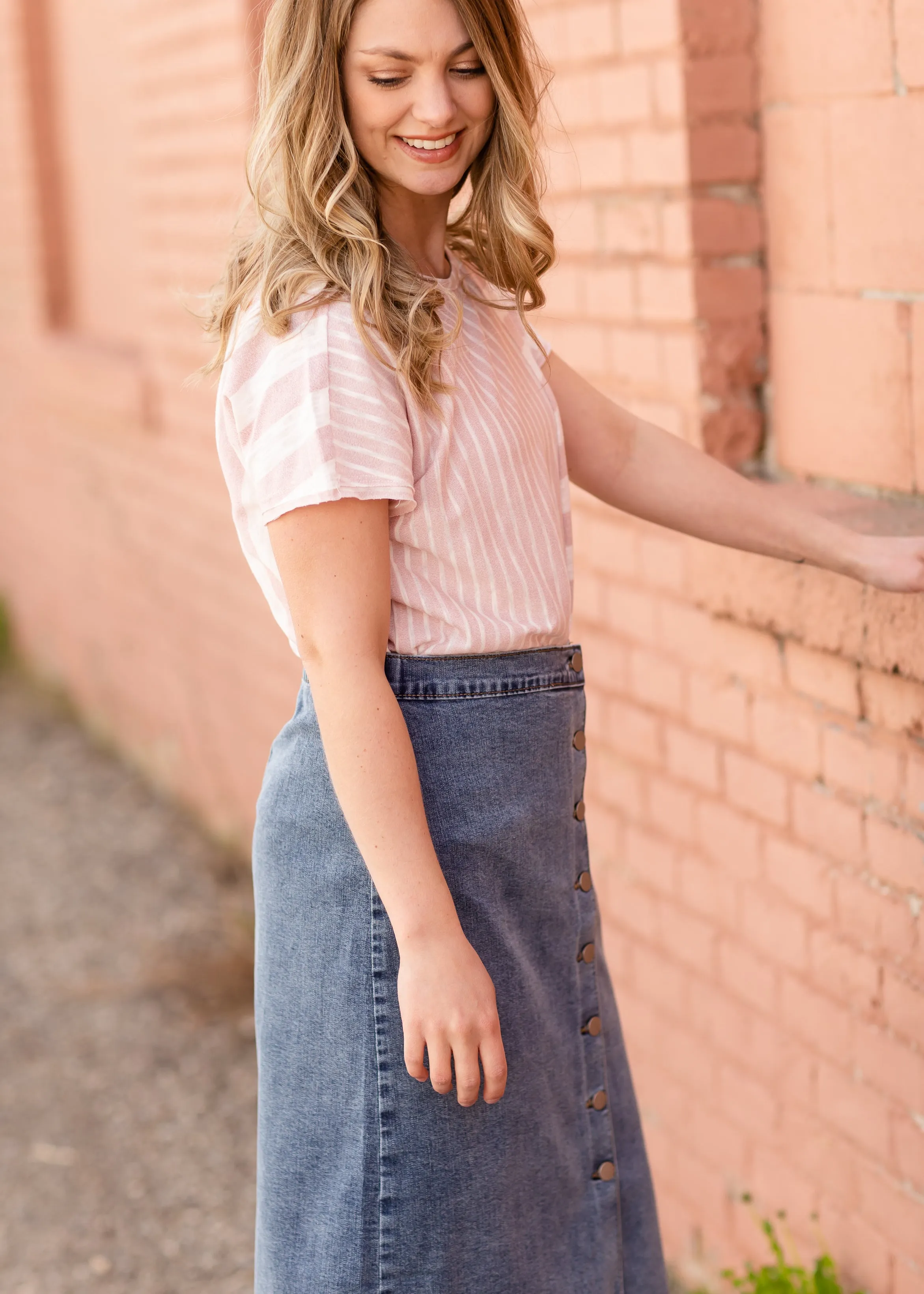 Button Front Denim Midi Skirt