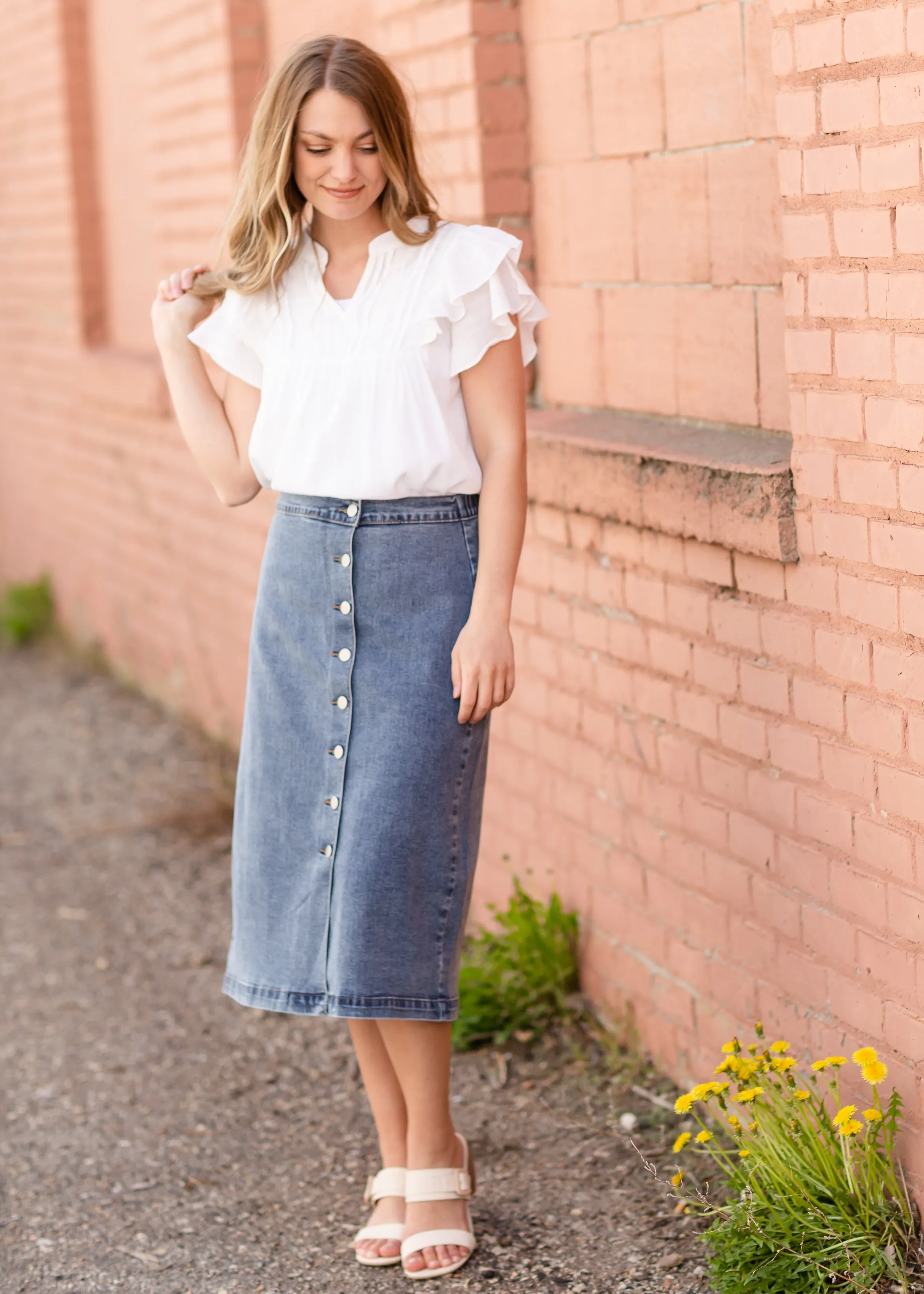 Button Front Denim Midi Skirt