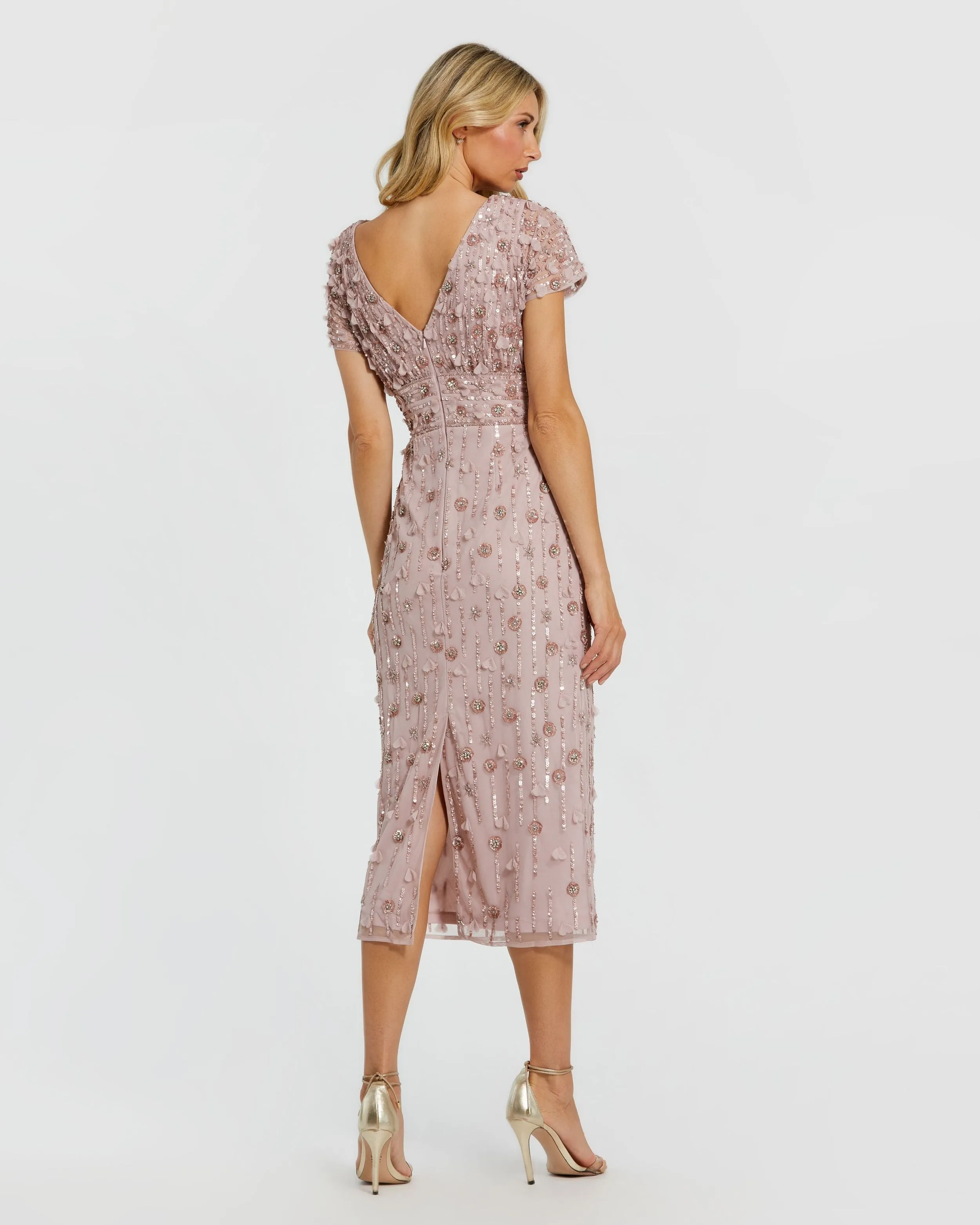 Cap Sleeve Column Midi Dress With Floral Beading