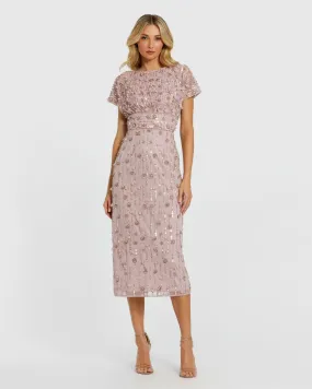 Cap Sleeve Column Midi Dress With Floral Beading