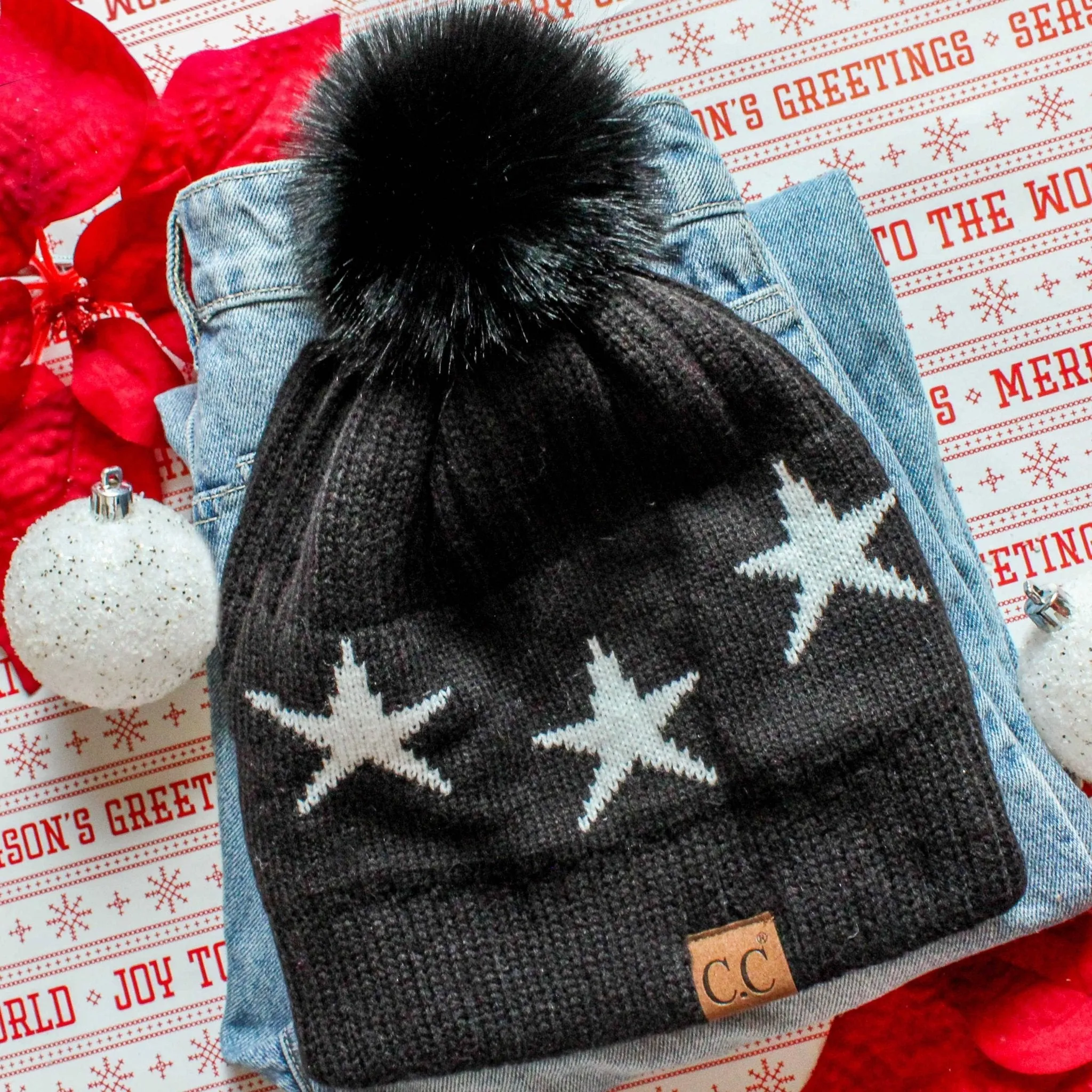 CC Beanie with Quality Faux Fur Pom & Star Pattern