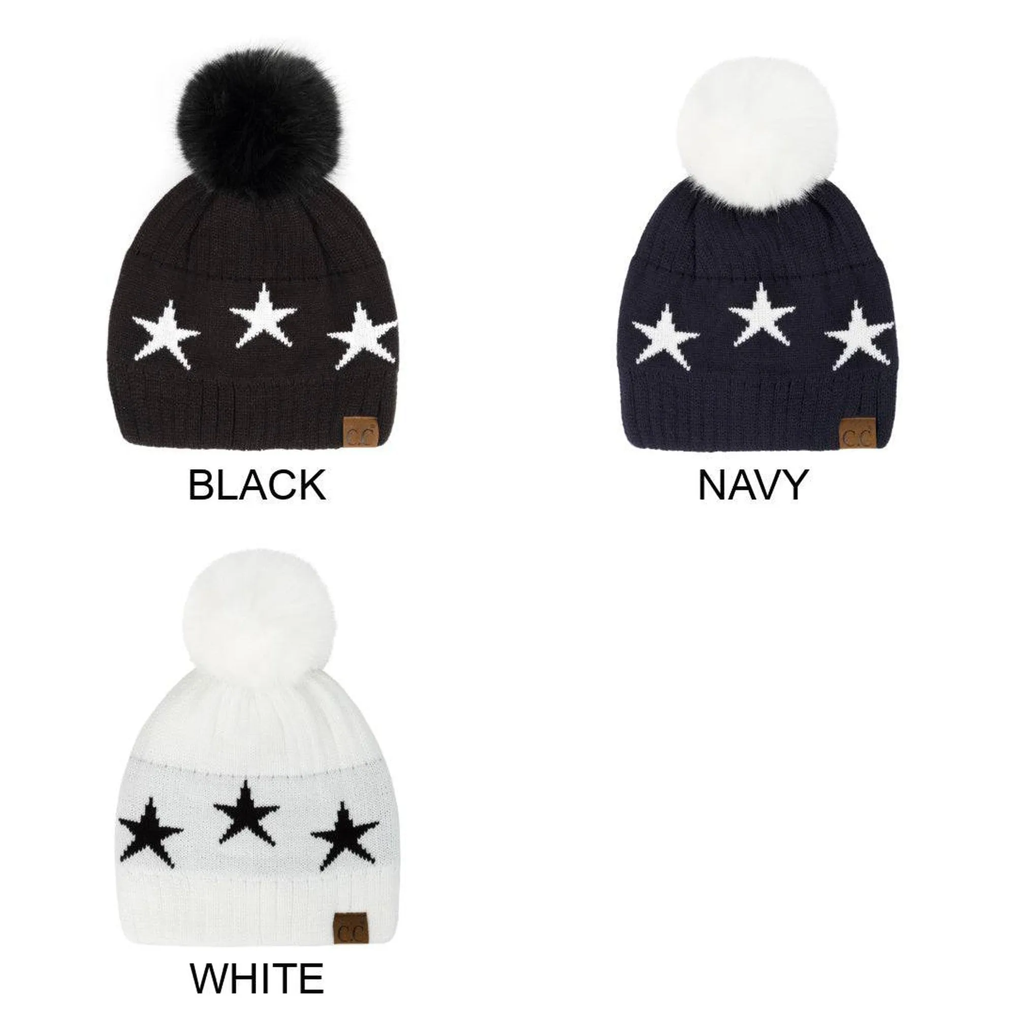 CC Beanie with Quality Faux Fur Pom & Star Pattern