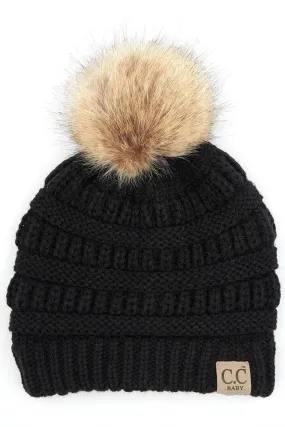 C.C Solid Ribbed Infant Natural Fur Pom Beanie