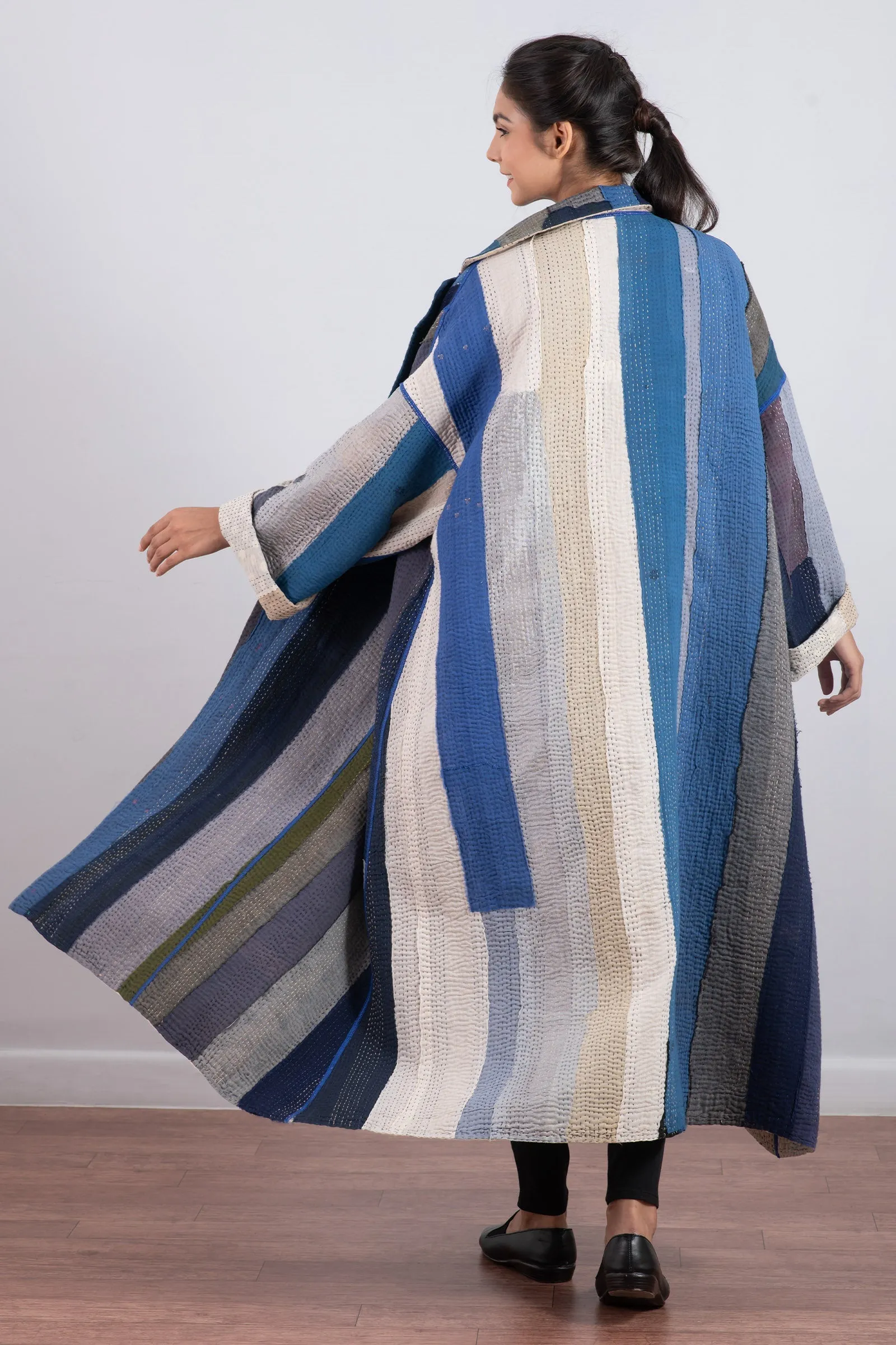 COTTON STRIPE PATCH KANTHA OVERSIZED COAT - cs4326-blu -
