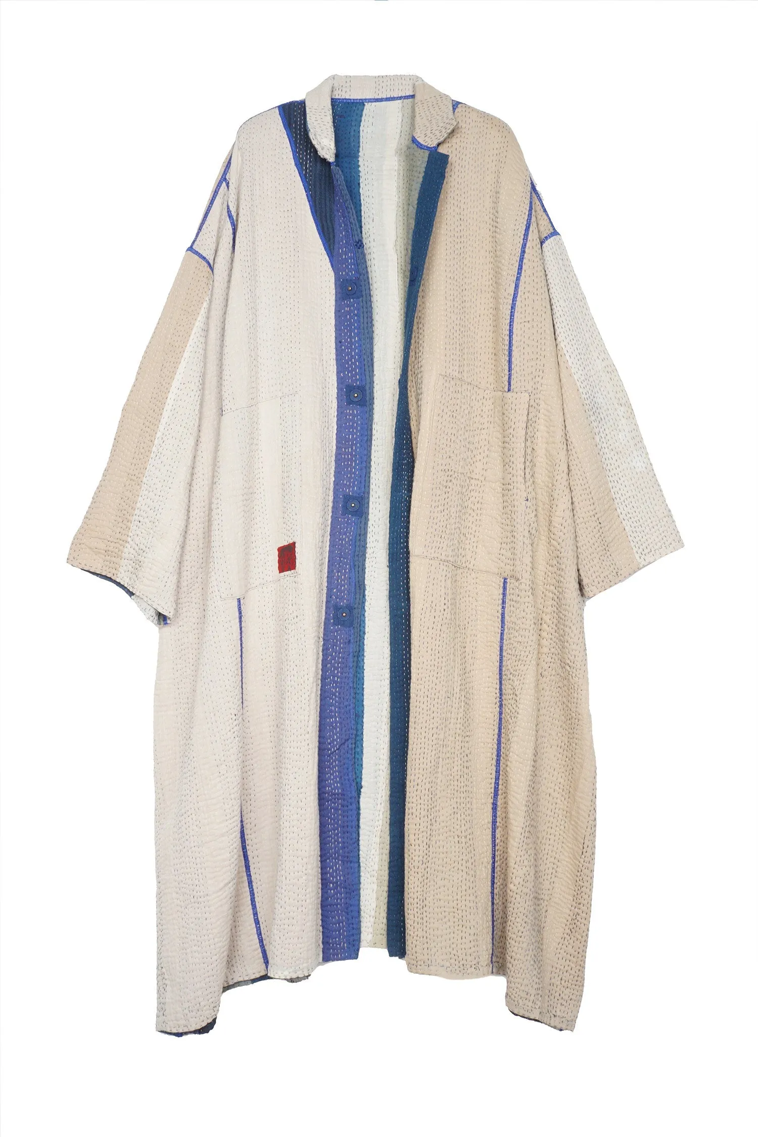 COTTON STRIPE PATCH KANTHA OVERSIZED COAT - cs4326-blu -