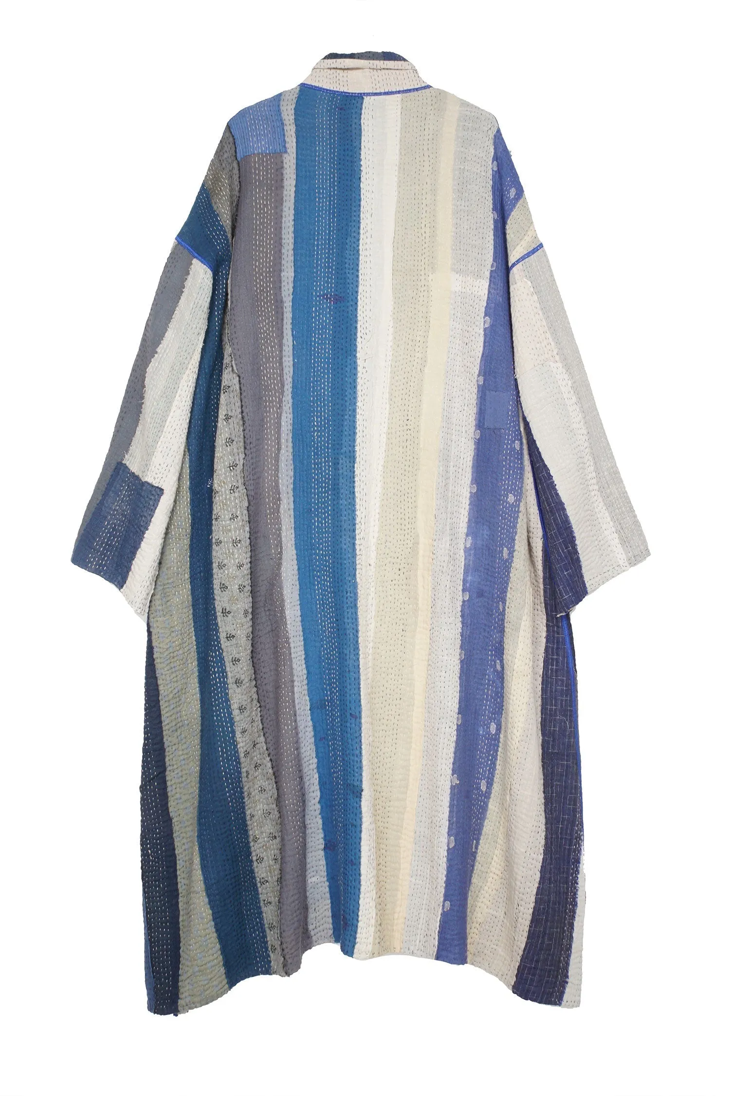 COTTON STRIPE PATCH KANTHA OVERSIZED COAT - cs4326-blu -