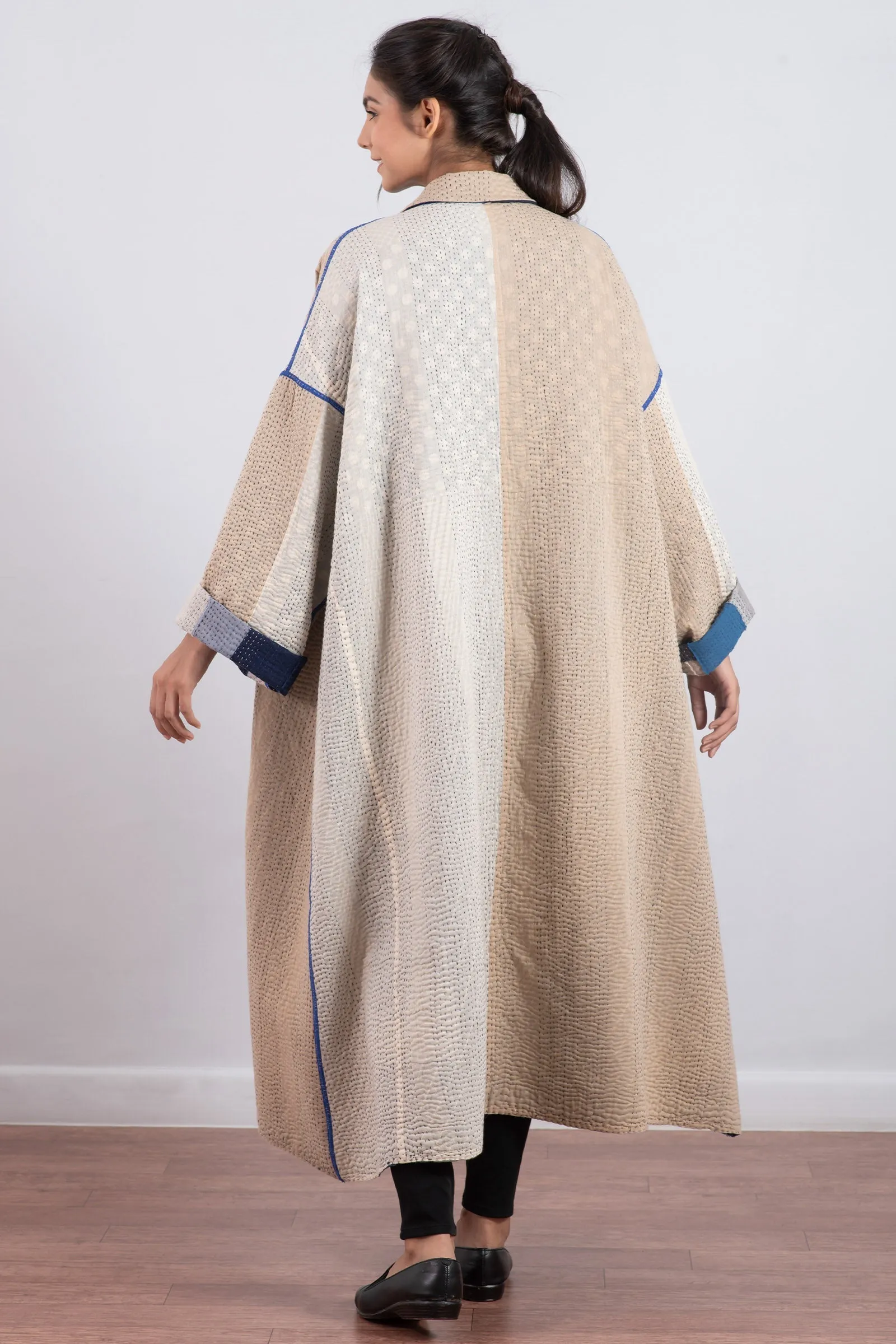 COTTON STRIPE PATCH KANTHA OVERSIZED COAT - cs4326-blu -
