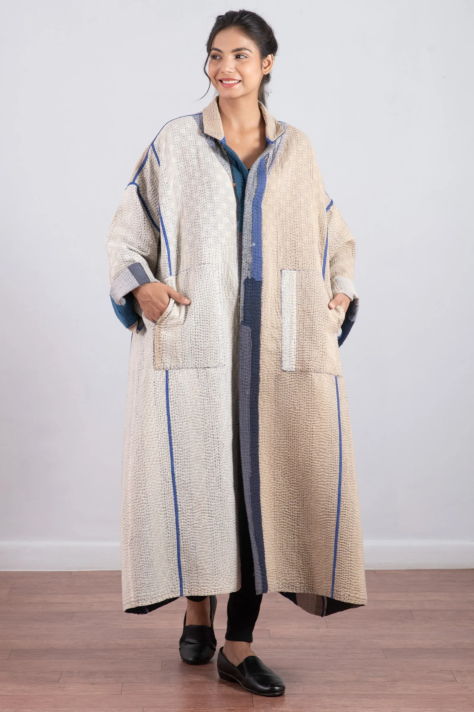 COTTON STRIPE PATCH KANTHA OVERSIZED COAT - cs4326-blu -