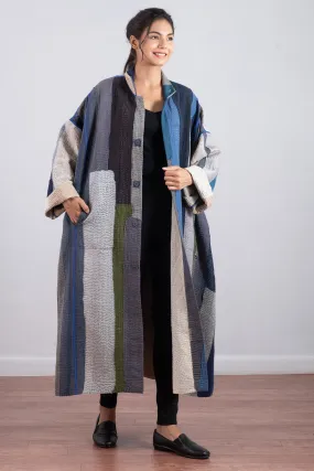 COTTON STRIPE PATCH KANTHA OVERSIZED COAT - cs4326-blu -