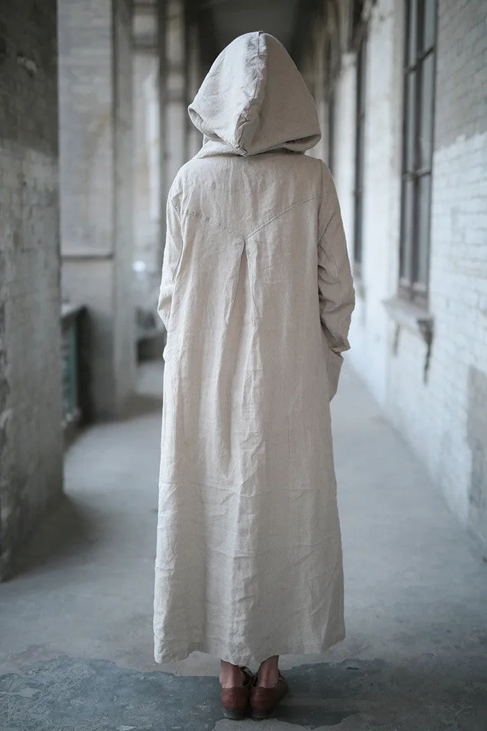 ctton long dress,beige color hooded cloak,black color hooded coat,woman jacket,loose coat,plus size clothing,thin coat