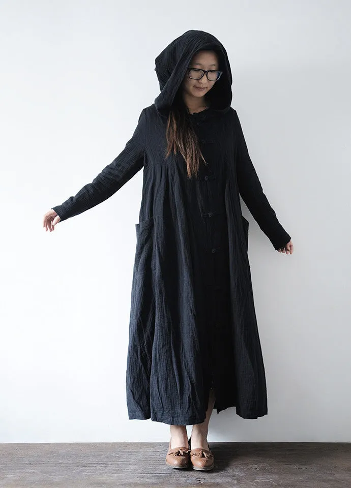 ctton long dress,beige color hooded cloak,black color hooded coat,woman jacket,loose coat,plus size clothing,thin coat