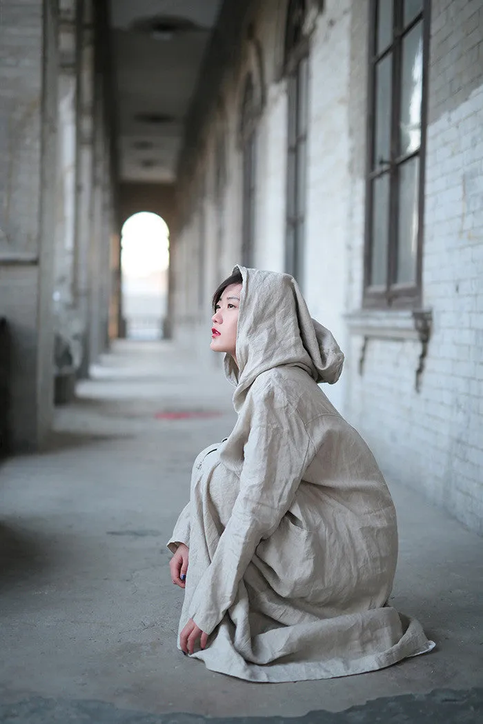 ctton long dress,beige color hooded cloak,black color hooded coat,woman jacket,loose coat,plus size clothing,thin coat
