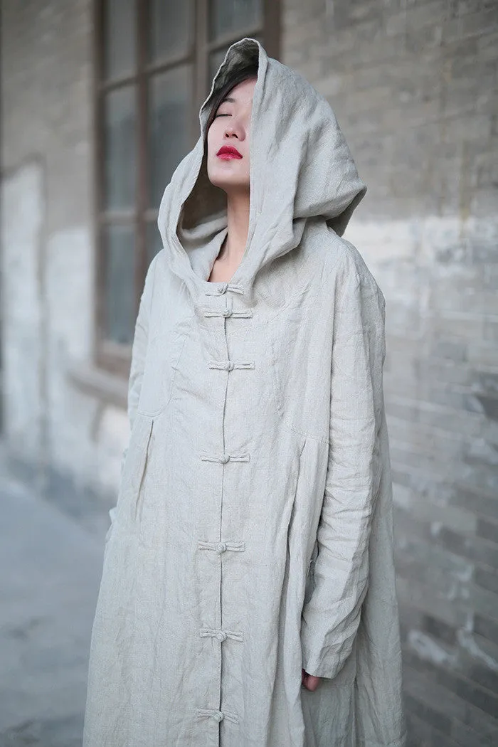 ctton long dress,beige color hooded cloak,black color hooded coat,woman jacket,loose coat,plus size clothing,thin coat