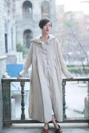 ctton long dress,beige color hooded cloak,black color hooded coat,woman jacket,loose coat,plus size clothing,thin coat
