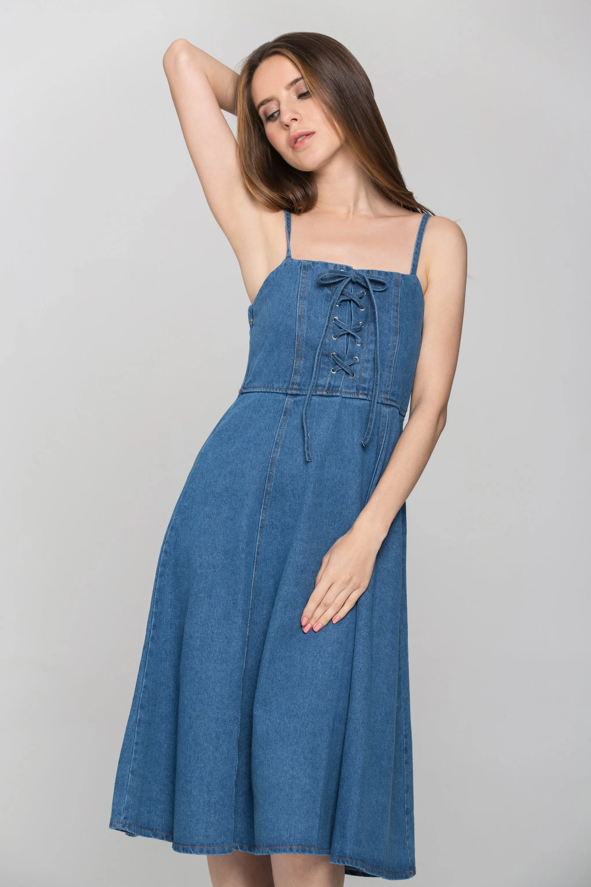 Denim Lace Up Midi Dress
