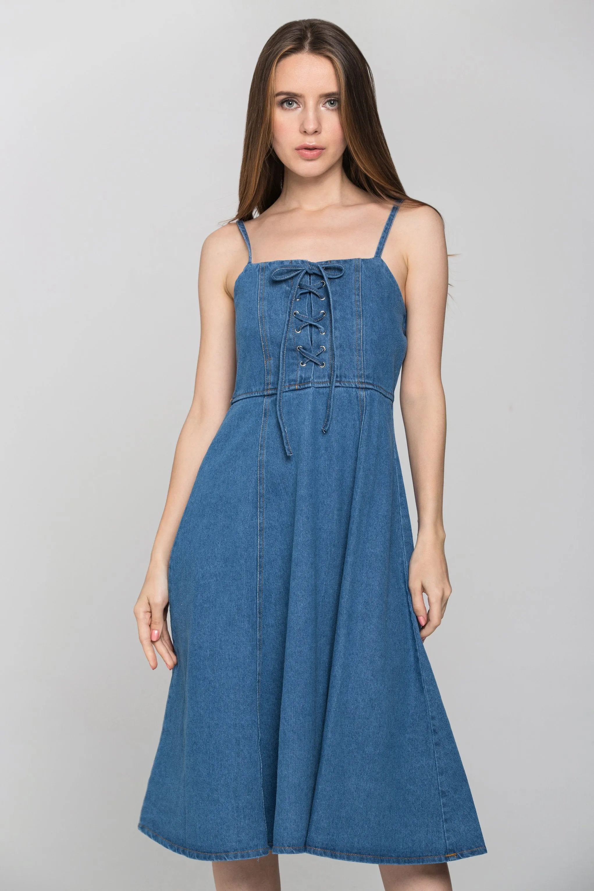 Denim Lace Up Midi Dress