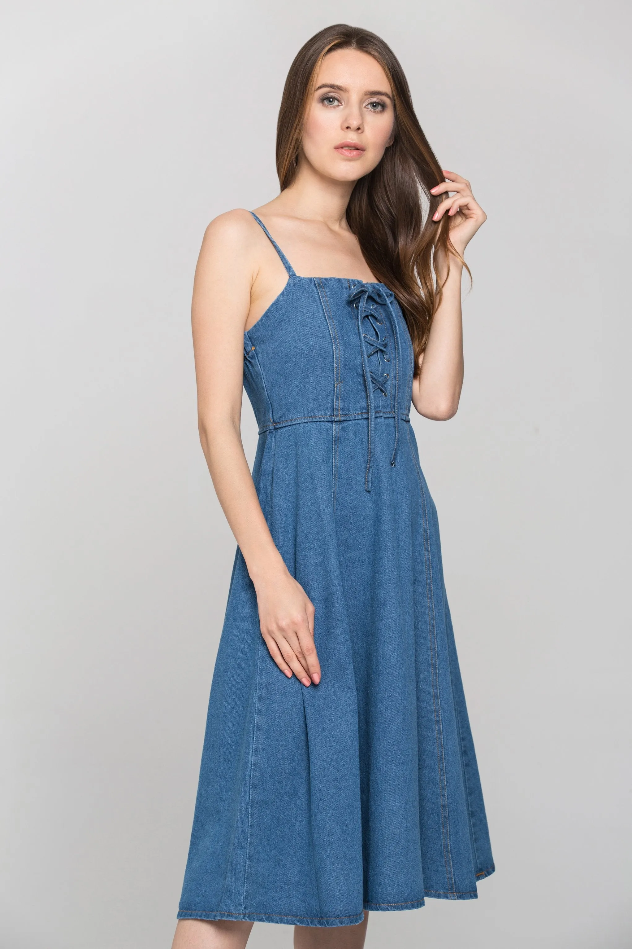 Denim Lace Up Midi Dress